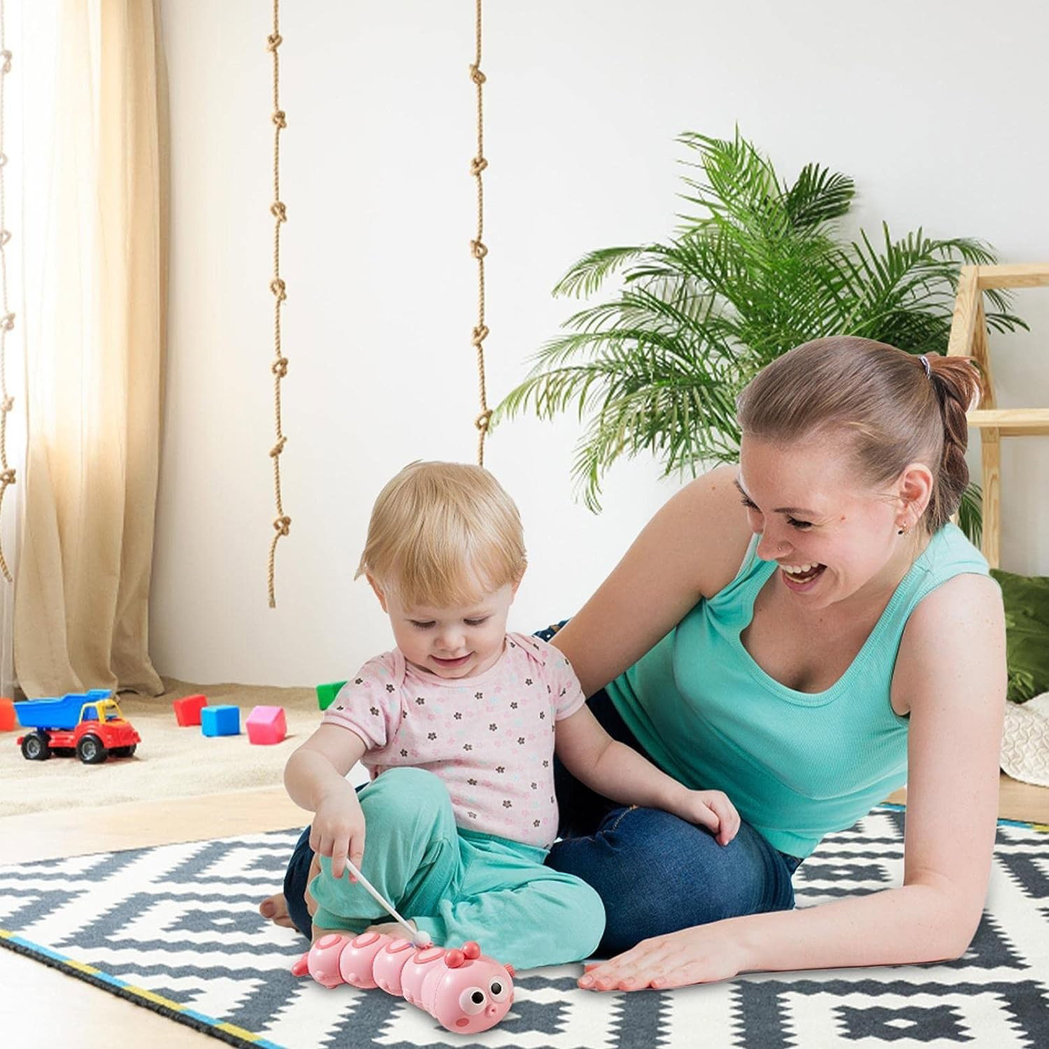 Jucarie mecanica pentru copii Flippy, omida haioasa, material ABS, cu cheita, distractiva, se taraste, se misca, 15 x 4 cm, roz [3]