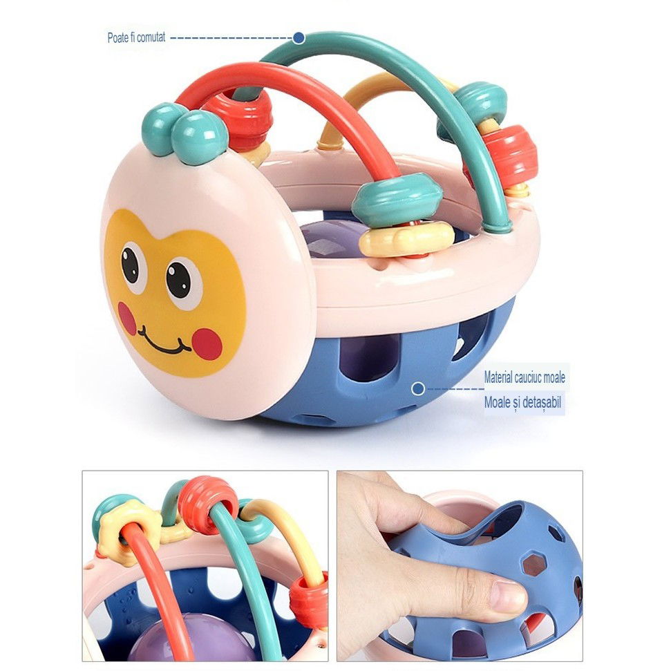 Jucarie Minge pentru Bebelusi, Flippy, pentru Dentitie, Interactiva, 0-12 Luni, Roz-Multicolor [6]
