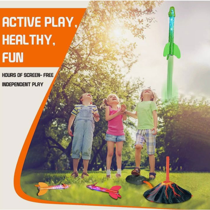 Jucarie pentru Copii, Flippy, Lansator de Rachete cu Piciorul, un Singur Lansator, 3 Rachete Donozauri cu Lumini, 30 cm Inaltime, Model Vulcan, Multicolor [11]