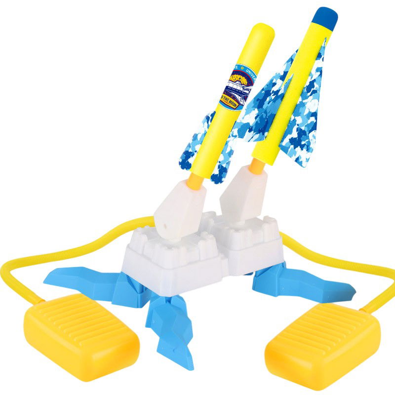 Jucarii interactive - Jucarie pentru Copii, Flippy, Lansator de Rachete cu Piciorul, Doua Lansatoare, 4 Rachete Fara Lumini, 2 Aircrafts, 33x25x27 cm, Galben-Albastru