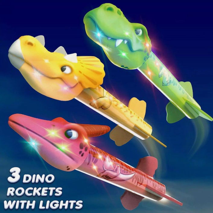 Jucarie pentru Copii, Flippy, Lansator de Rachete cu Piciorul, un Singur Lansator, 3 Rachete Donozauri cu Lumini, 30 cm Inaltime, Model Vulcan, Multicolor [7]