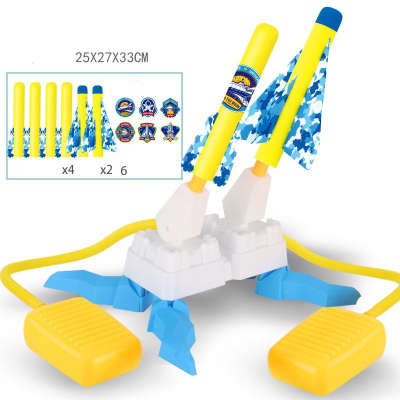 Jucarii interactive - Jucarie pentru Copii, Flippy, Lansator de Rachete cu Piciorul, Doua Lansatoare, 4 Rachete Fara Lumini, 2 Aircrafts, 33x25x27 cm, Galben-Albastru