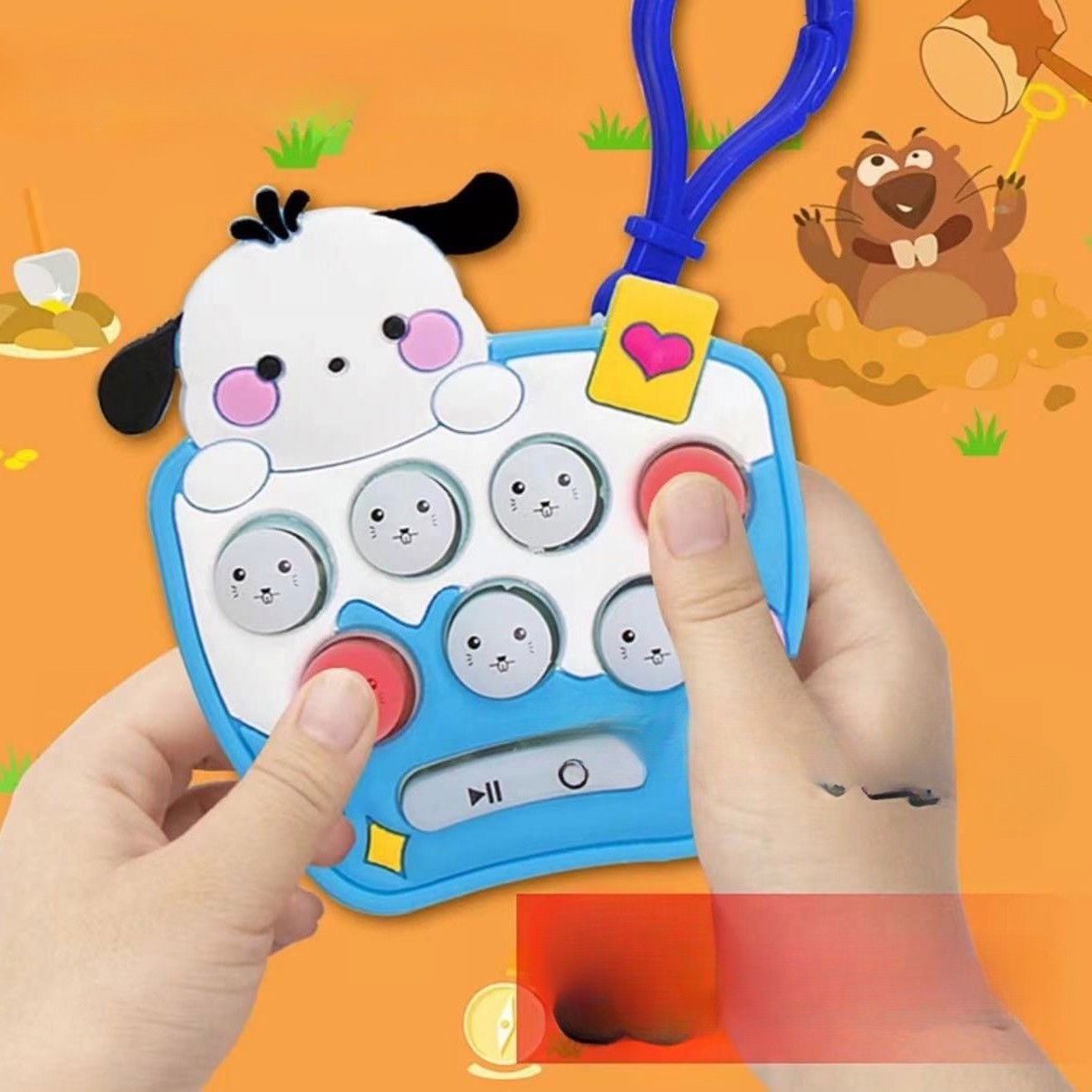 Jucarie pentru copii portabila Flippy, joc Gopher, cu lumini si muzica, tip breloc, model catelus, material silicon si ABS, bleu [3]