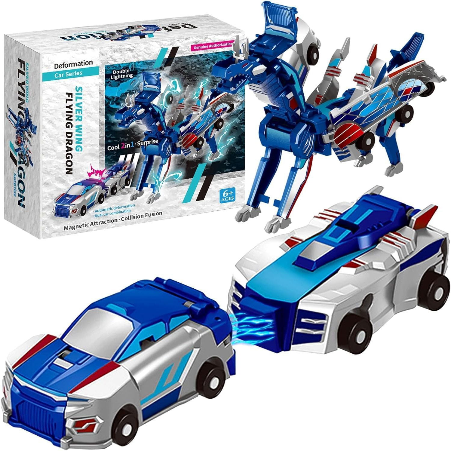 Jucarii si Jocuri - Jucarie Transformabila 2in1, Flippy, Silver Wing Flying Dragon, Masina/Dragon, Atractie Magnetica, +6 Ani, din ABS, Albastru