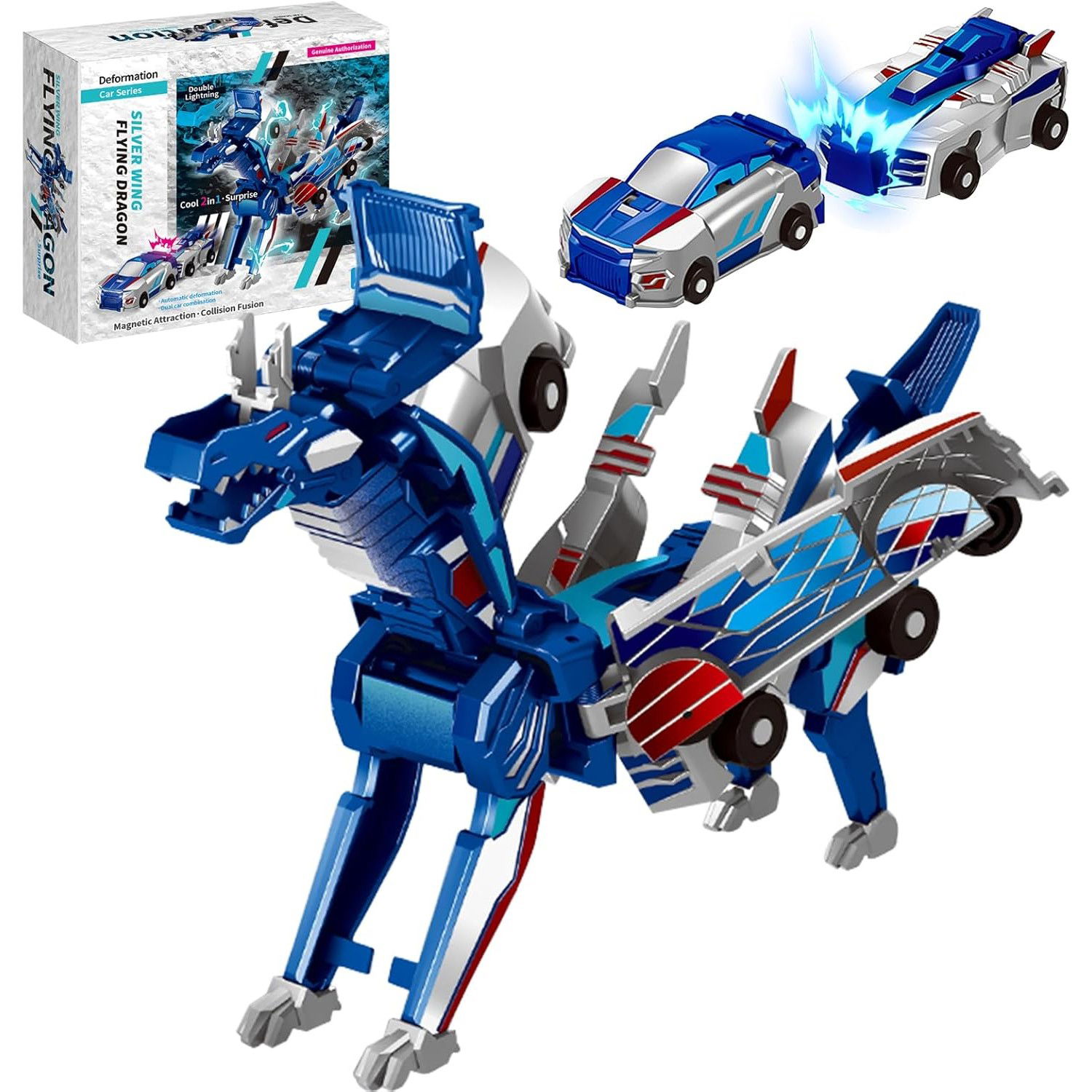 Jucarii si Jocuri - Jucarie Transformabila 2in1, Flippy, Silver Wing Flying Dragon, Masina/Dragon, Atractie Magnetica, +6 Ani, din ABS, Albastru