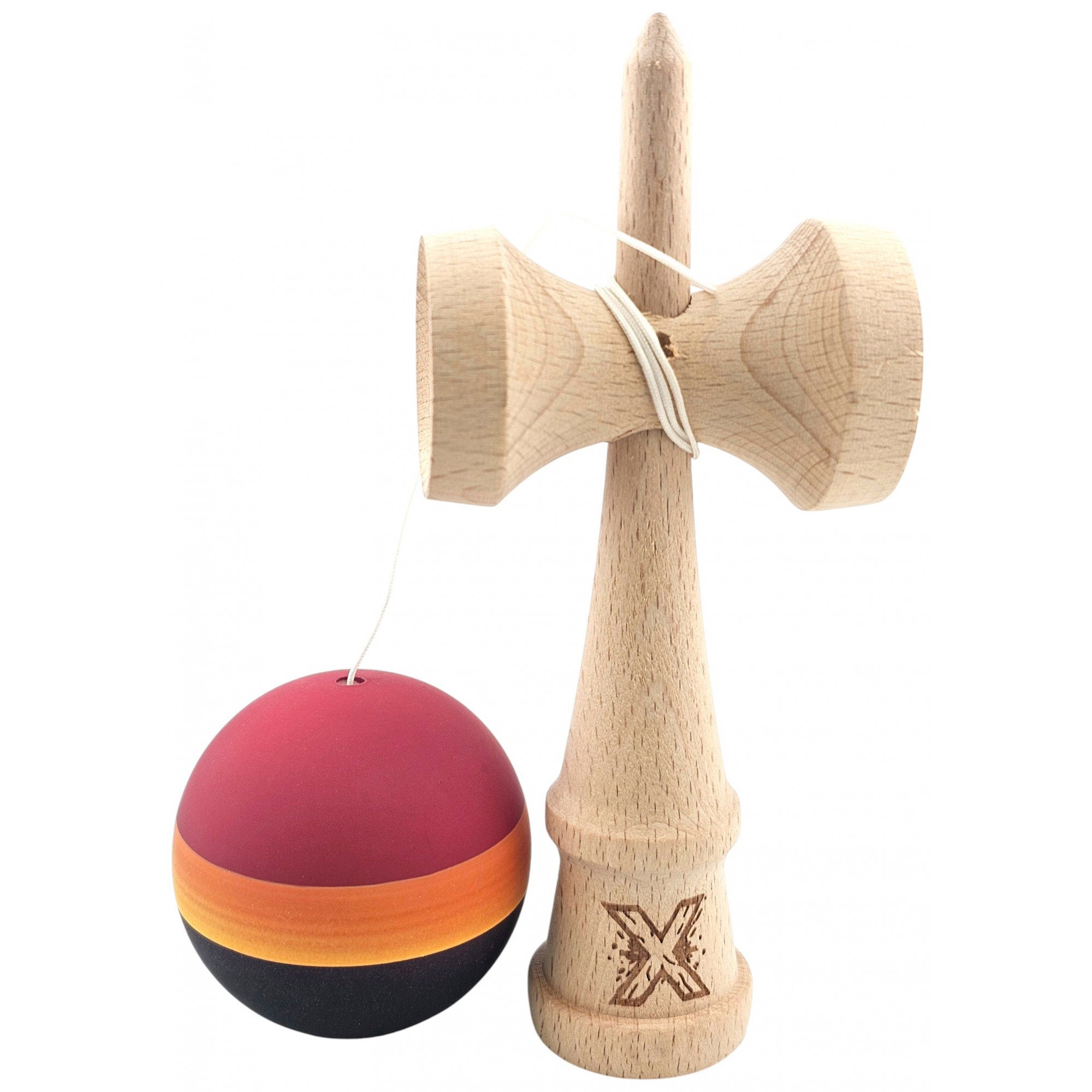Kendama Rubber Grip - Kendama Originala X, Profesionala, Flippy, Rubber Grip, din Lemn, 18 cm, Rosu/Galben/Negru