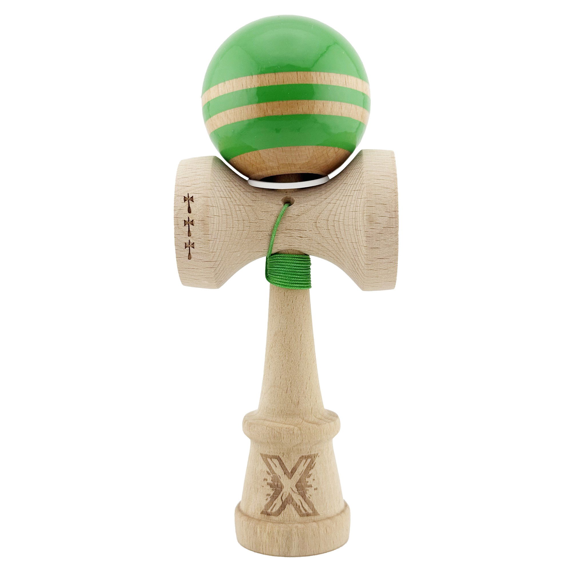 Kendama Rainbow V3 King Size - Kendama X Originala RAINBOW, Profesionala, Flippy, Cupe Mari KING SIZE V3, Super Sticky, Gaura in Baza, Rulment Metalic, din lemn 18 cm, Ata 62/65 cm, Verde/Maro