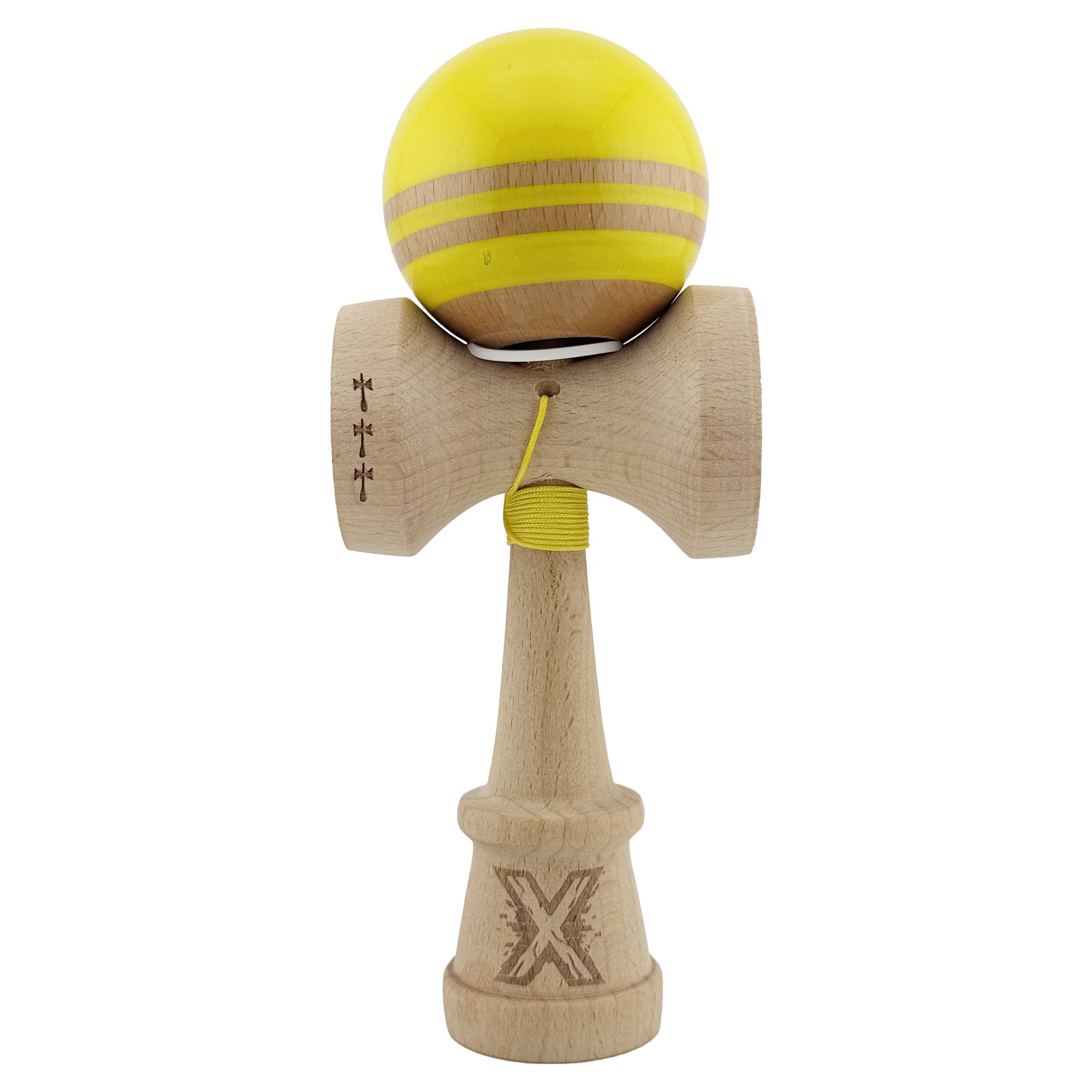 Kendama Rainbow V3 King Size - Kendama X Originala RAINBOW, Profesionala, Flippy, Cupe Mari KING SIZE V3, Super Sticky, Gaura in Baza, Rulment Metalic, din lemn 18 cm, Ata 62/65 cm, Galben/Maro