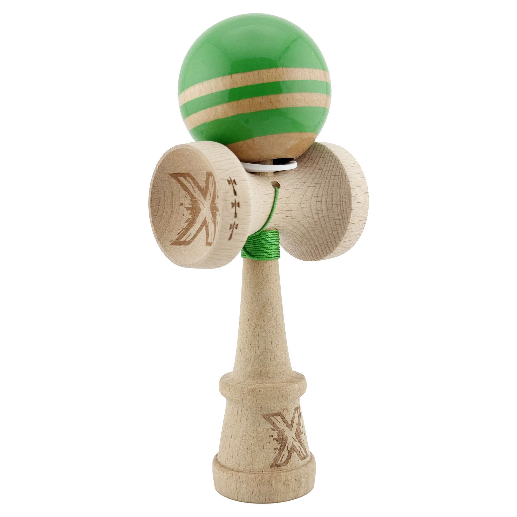 Kendama Rainbow V3 King Size - Kendama X Originala RAINBOW, Profesionala, Flippy, Cupe Mari KING SIZE V3, Super Sticky, Gaura in Baza, Rulment Metalic, din lemn 18 cm, Ata 62/65 cm, Verde/Maro