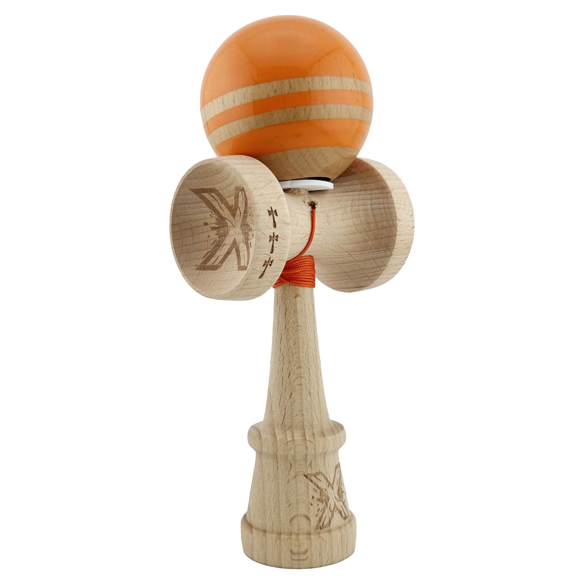 Kendama Rainbow V3 King Size - Kendama X Originala RAINBOW, Profesionala, Flippy, Cupe Mari KING SIZE V3, Super Sticky, Gaura in Baza, Rulment Metalic, din lemn 18 cm, Ata 62/65 cm, Portocaliu/Maro