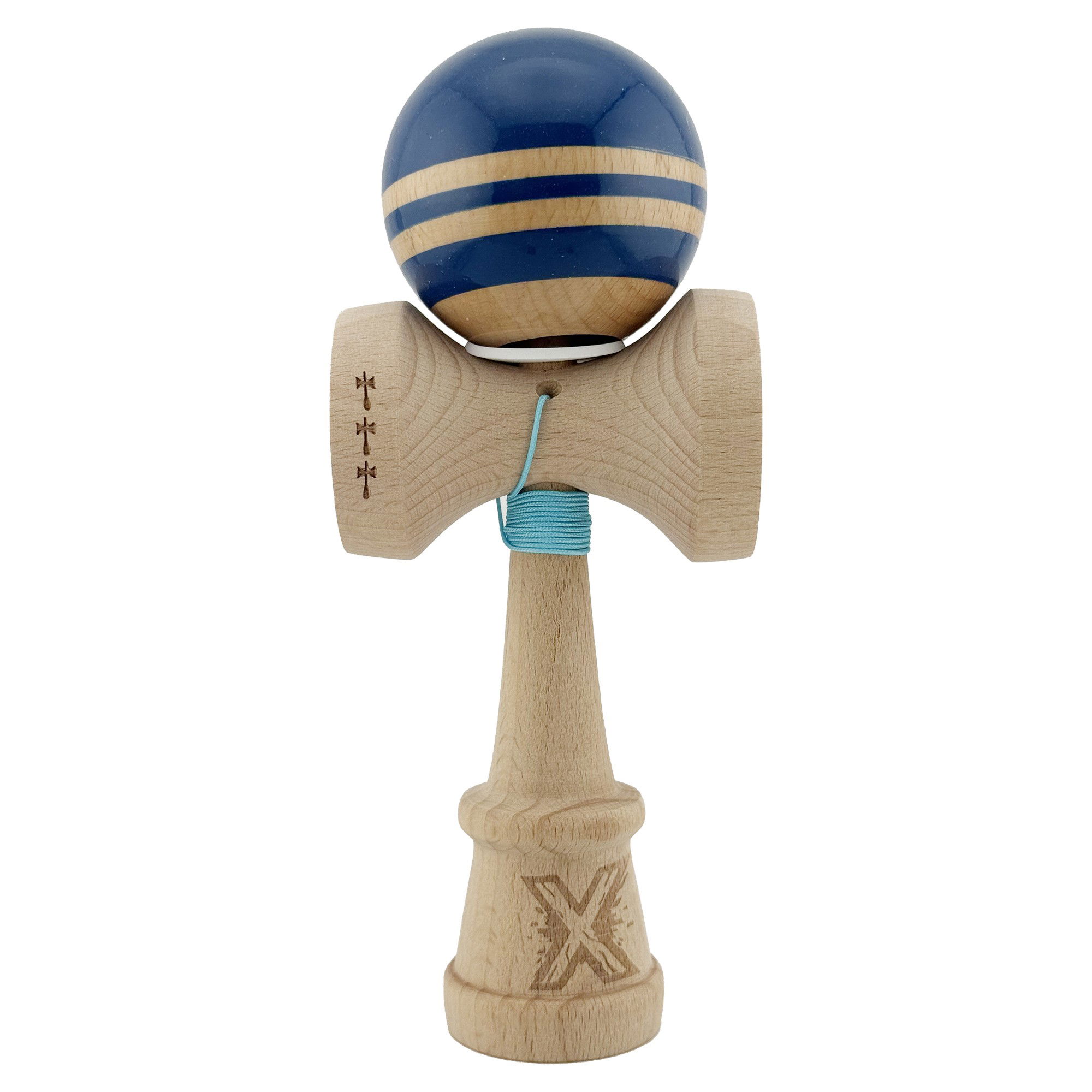 Kendama Rainbow V3 King Size - Kendama X Originala RAINBOW, Profesionala, Flippy, Cupe Mari KING SIZE V3, Super Sticky, Gaura in Baza, Rulment Metalic, din lemn 18 cm, Ata 62/65 cm, Albastru/Maro