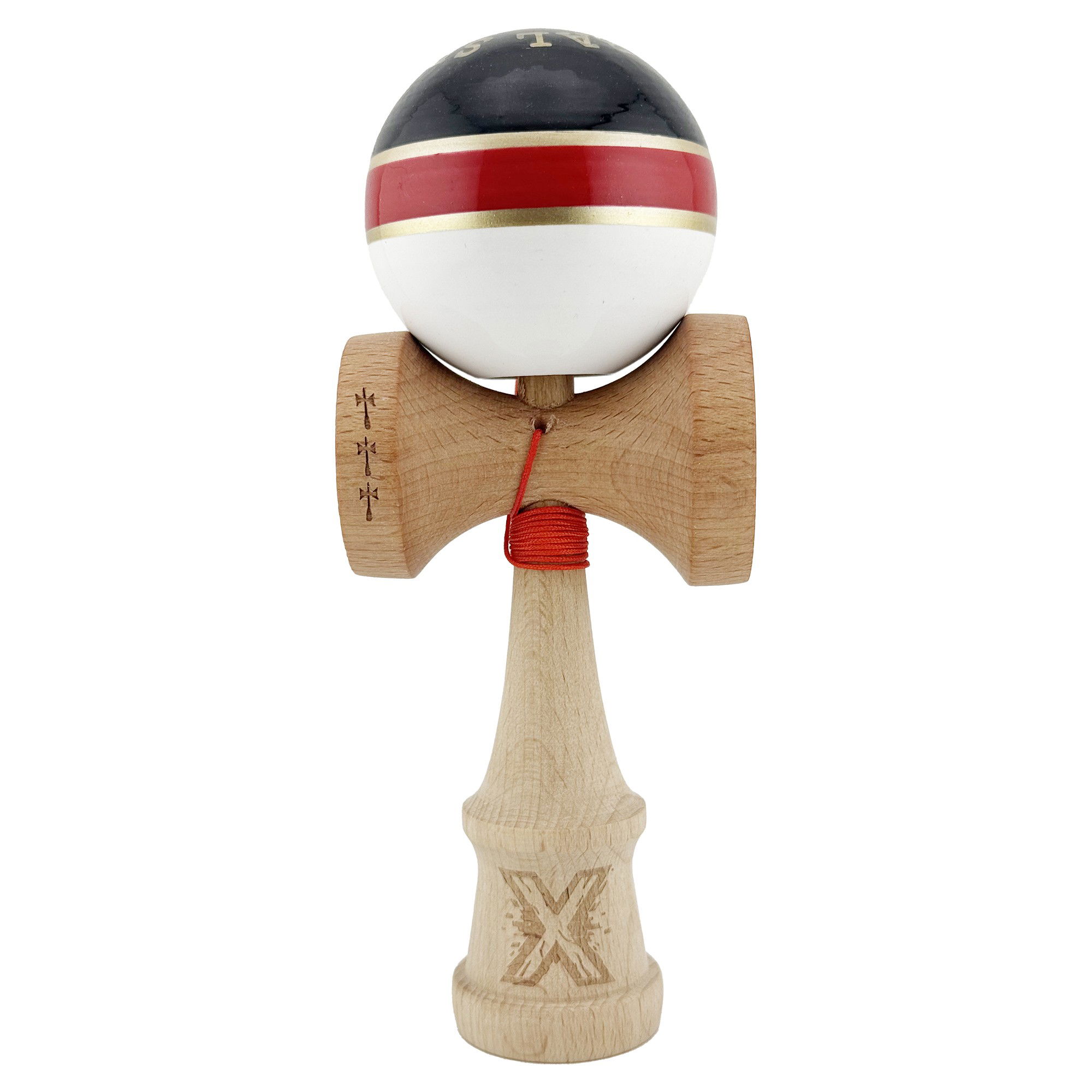 Kendama Royal V2 Cupe Mari - Kendama X ROYAL SPIKE Originala, Profesionala, Flippy, Big Cups V2, Super Sticky cu Cupe Mari, Rulment Metalic, din lemn 18 cm, Ata 55 cm, Negru/Rosu Gold/Alb