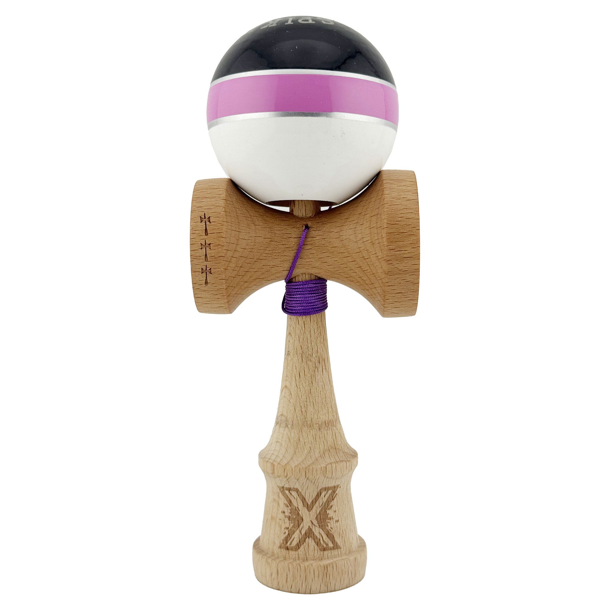 Kendama Royal V2 Cupe Mari - Kendama X ROYAL SPIKE Originala, Profesionala, Flippy, Big Cups V2, Super Sticky cu Cupe Mari, Rulment Metalic, din lemn 18 cm, Ata 55 cm, Negru/Roz Silver/Alb