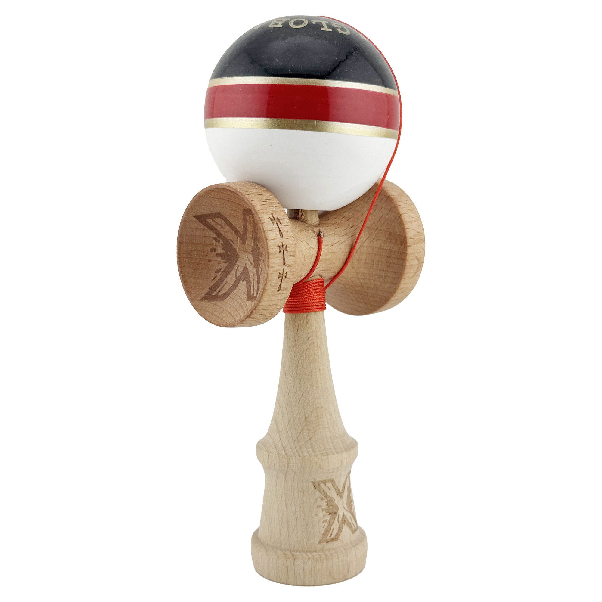 Kendama Royal V2 Cupe Mari - Kendama X ROYAL SPIKE Originala, Profesionala, Flippy, Big Cups V2, Super Sticky cu Cupe Mari, Rulment Metalic, din lemn 18 cm, Ata 55 cm, Negru/Rosu Gold/Alb