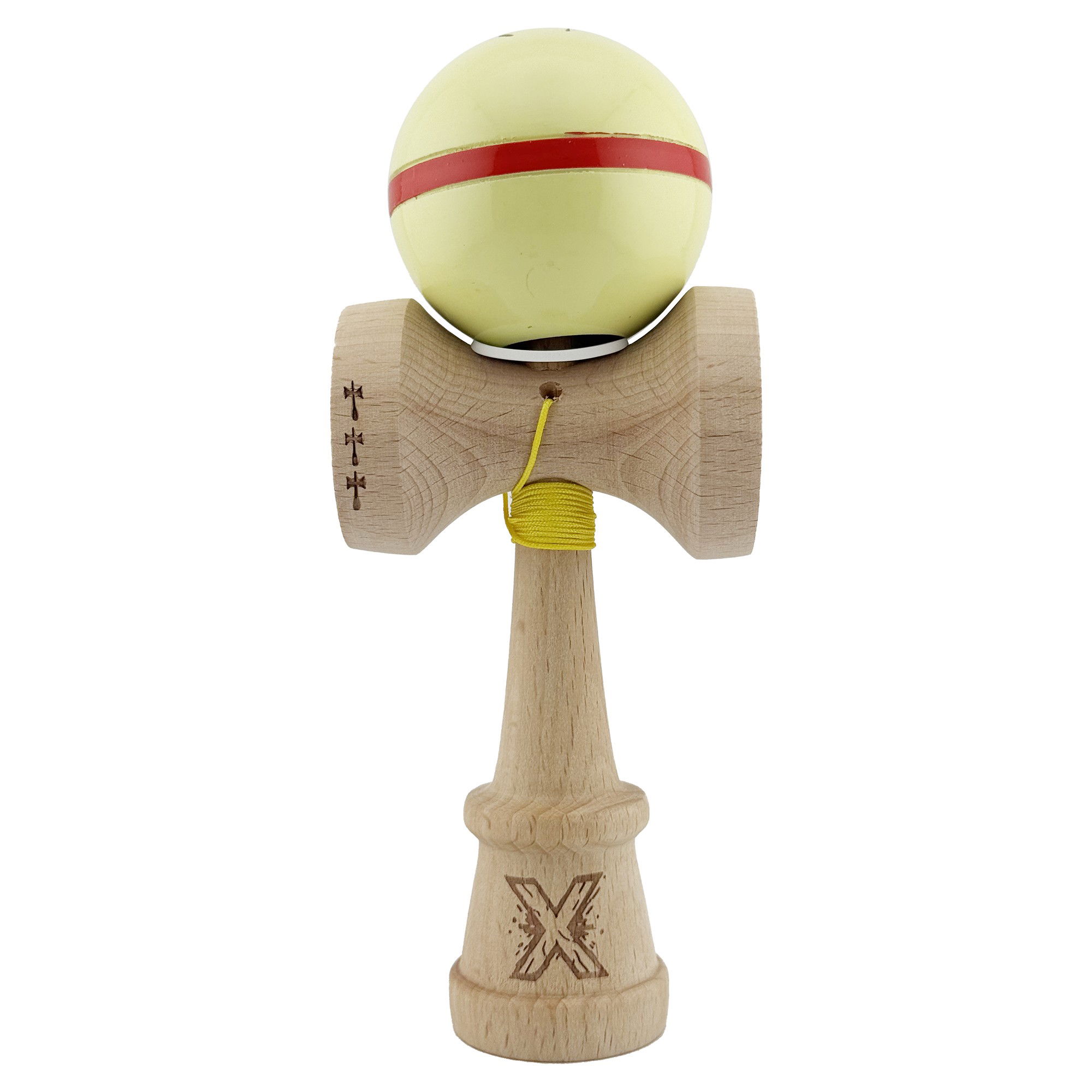 Kendama Silken V3 King Size - Kendama X Originala Silken, Profesionala, Flippy, Cupe Mari KING SIZE V3, Super Sticky, Gaura in Baza, Rulment Metalic, din lemn 18 cm, Ata 62/65 cm, Cream Galben