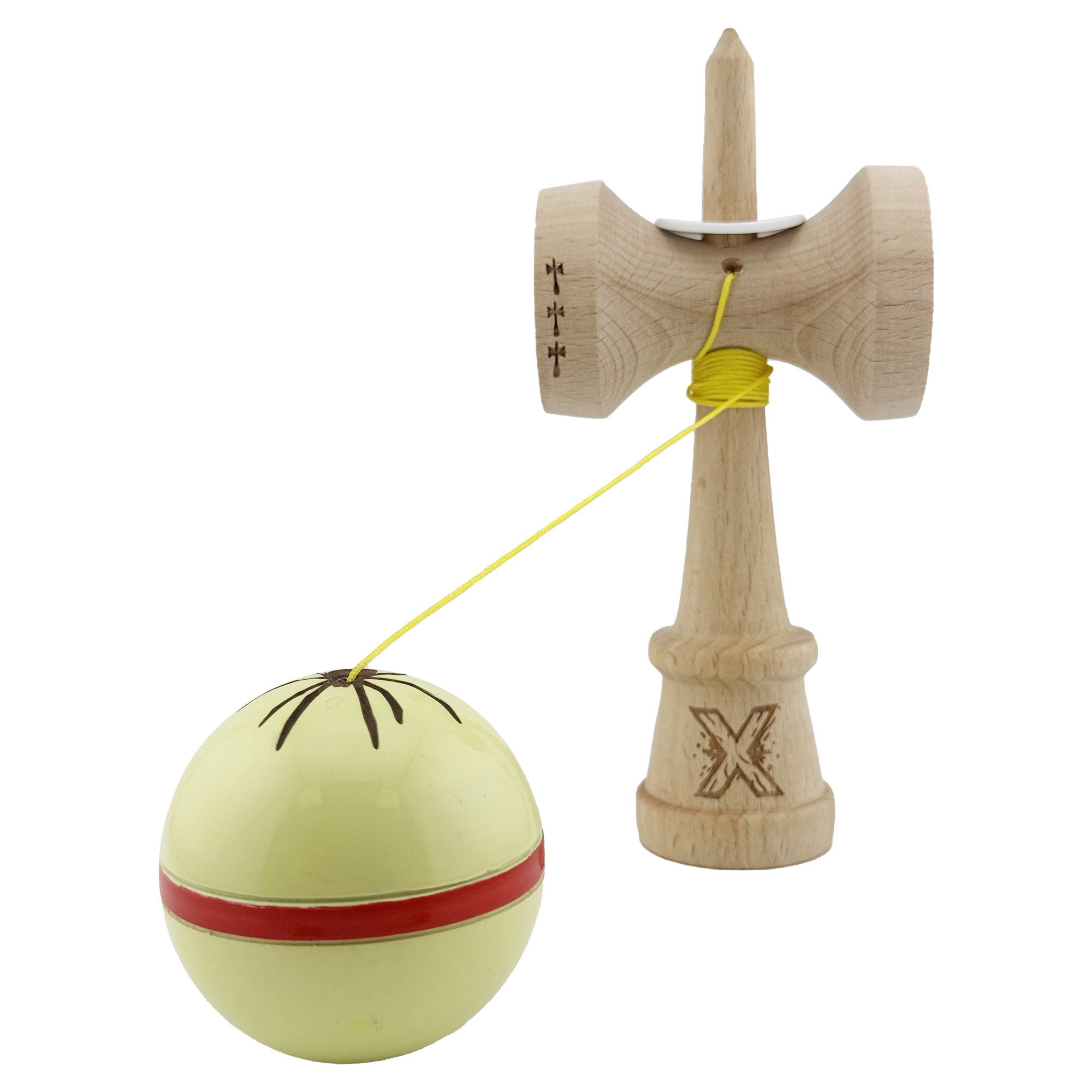 Kendama X Originala Silken, Profesionala, Flippy, Cupe Mari KING SIZE V3, Super Sticky, Gaura in Baza, Rulment Metalic, din lemn 18 cm, Ata 62/65 cm, Cream Galben [4]