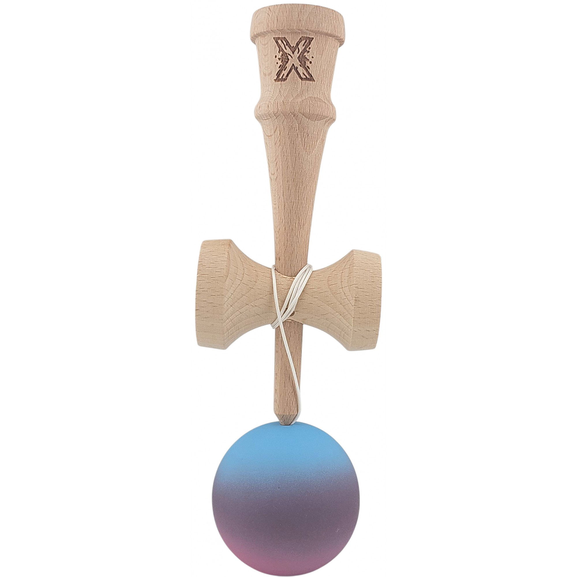 Kendama Rubber Grip - Kendama X Originala, Profesionala, Flippy, din Lemn, 18 cm, Rubber Grip, Gradient Albastru deschis/Mov/Roz