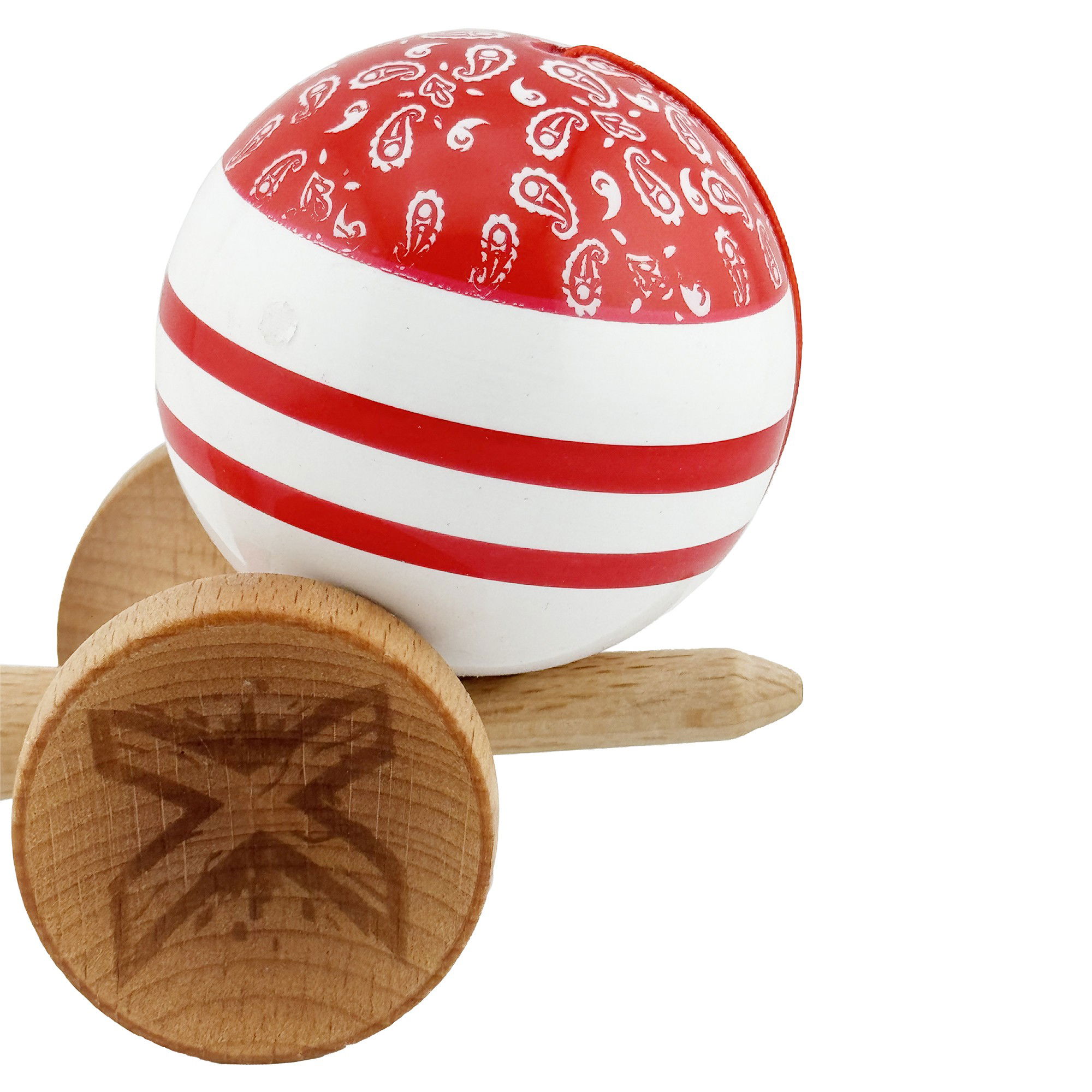 Kendama X CHICANOS Originala, Profesionala, Flippy, Big Cups V2, Super Sticky cu Cupe Mari, Rulment Metalic, din lemn 18 cm, Ata 55 cm, Rosu/Alb [8]