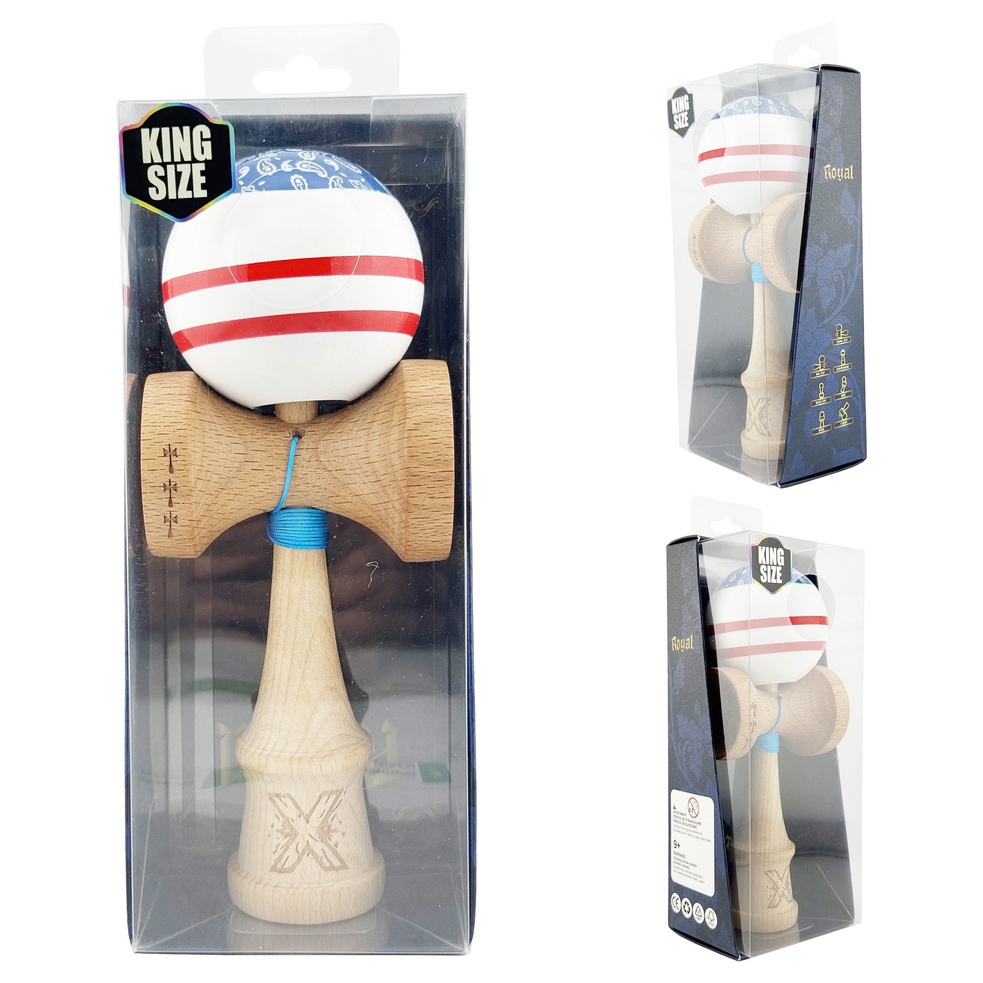 Kendama X CHICANOS Originala, Profesionala, Flippy, Big Cups V2, Super Sticky cu Cupe Mari, Rulment Metalic, din lemn 18 cm, Ata 55 cm, Albastru/Alb [5]