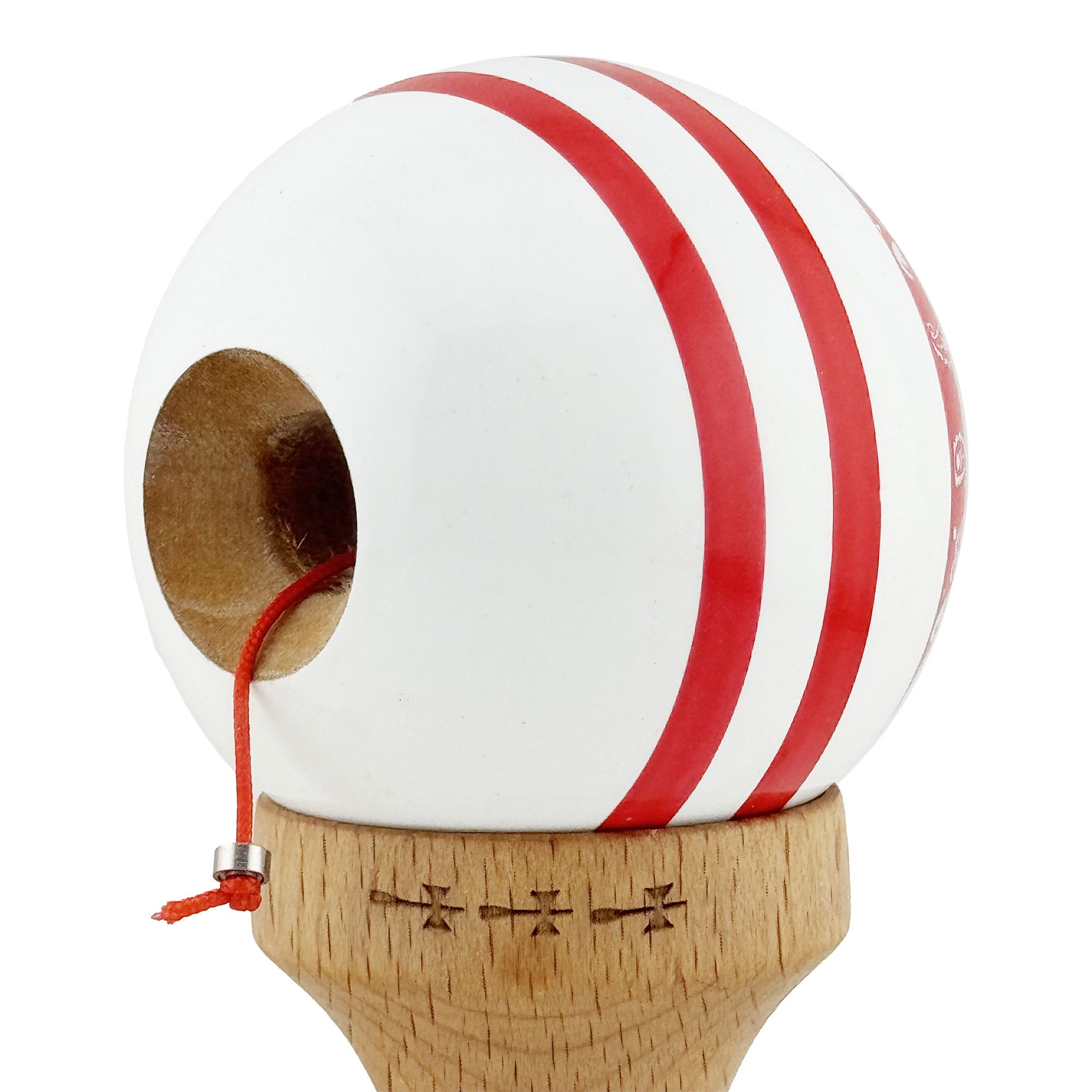 Kendama X CHICANOS Originala, Profesionala, Flippy, Big Cups V2, Super Sticky cu Cupe Mari, Rulment Metalic, din lemn 18 cm, Ata 55 cm, Rosu/Alb [6]