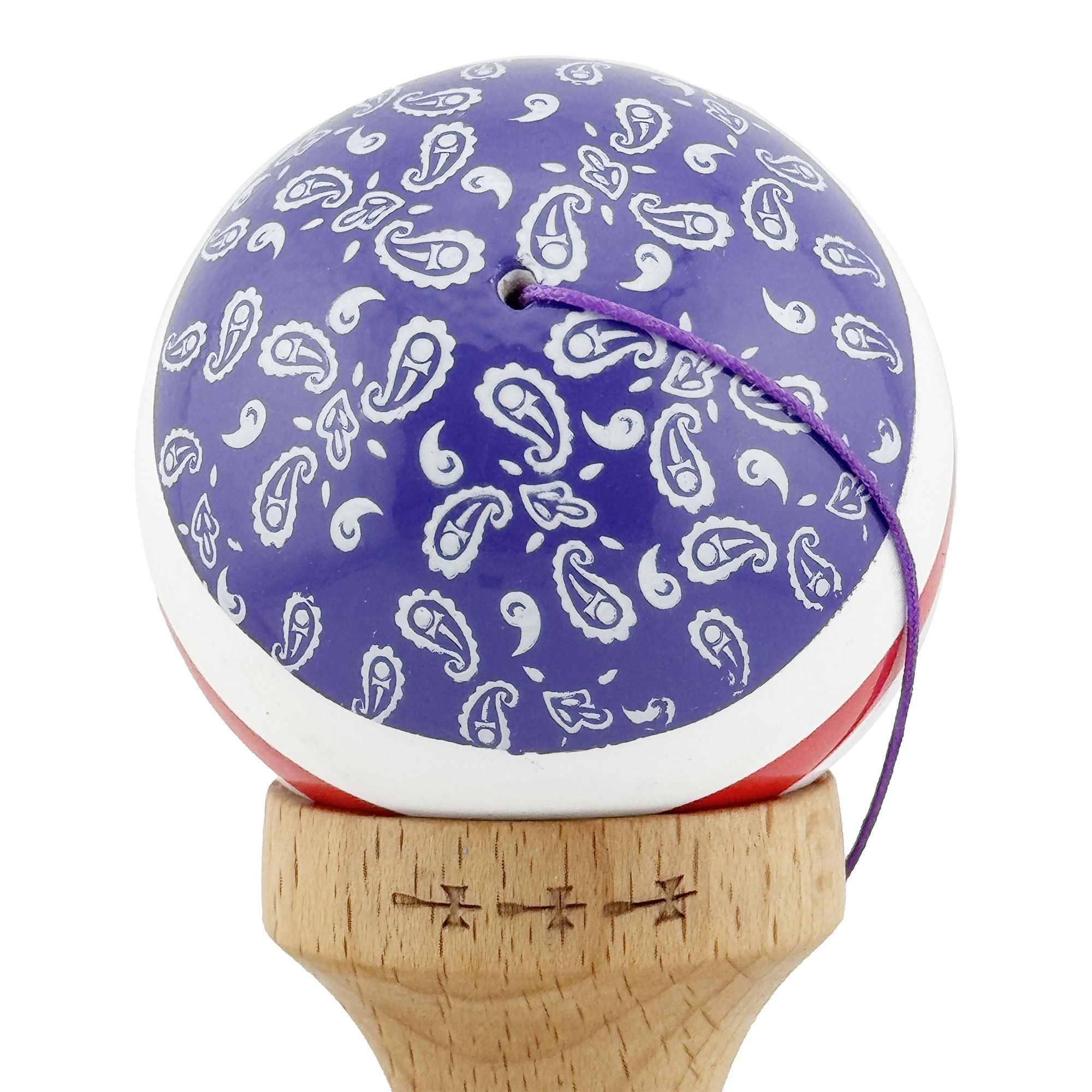 Kendama X CHICANOS Originala, Profesionala, Flippy, Big Cups V2, Super Sticky cu Cupe Mari, Rulment Metalic, din lemn 18 cm, Ata 55 cm, Violet/Alb [9]
