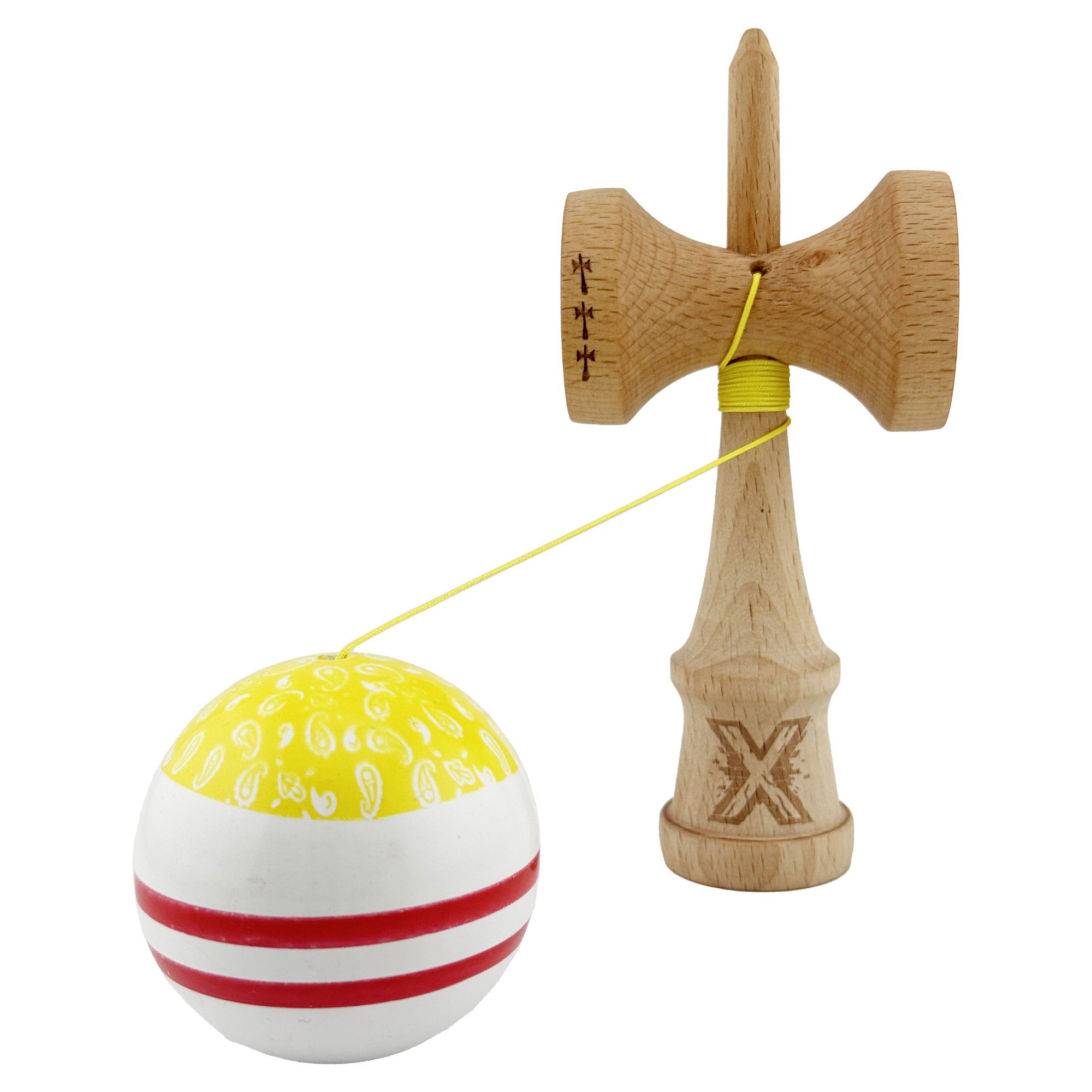 Kendama X CHICANOS Originala, Profesionala, Flippy, Big Cups V2, Super Sticky cu Cupe Mari, Rulment Metalic, din lemn 18 cm, Ata 55 cm, Auriu/Alb [3]