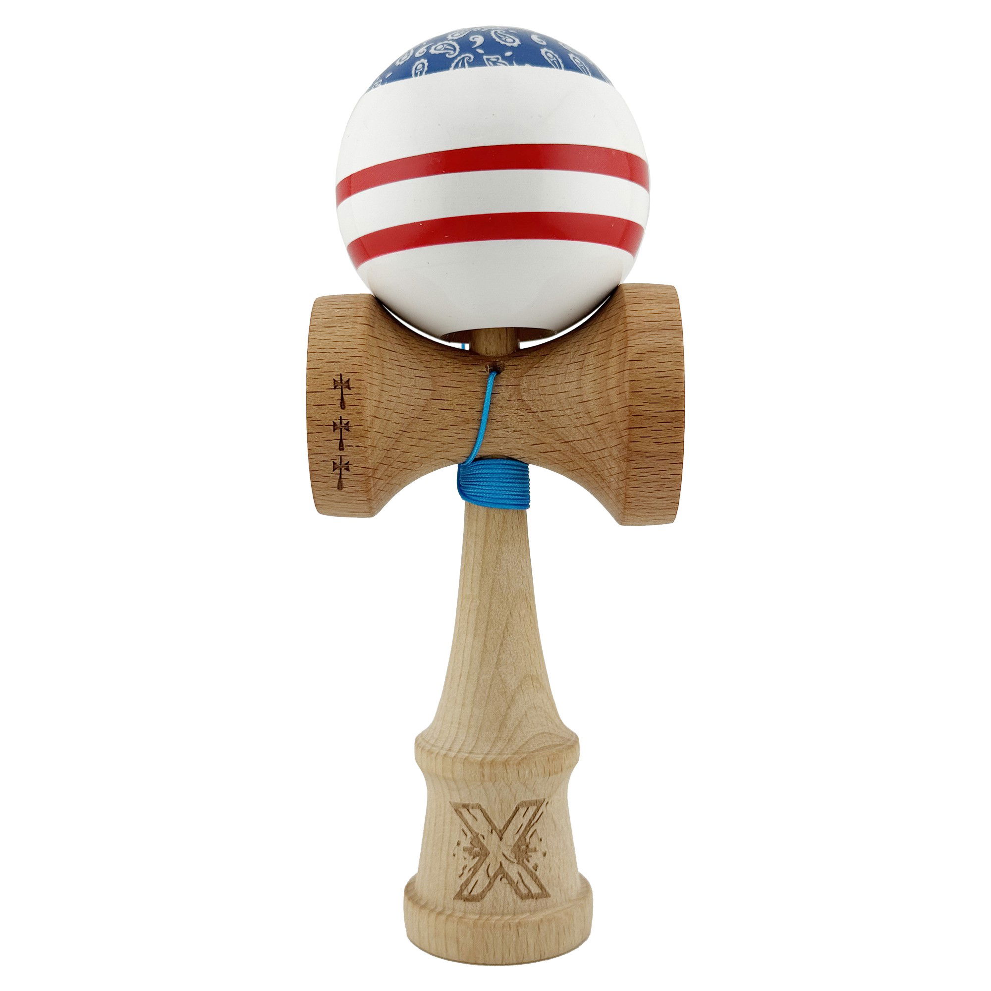 Kendama Chicanos V2 Cupe Mari - Kendama X CHICANOS Originala, Profesionala, Flippy, Big Cups V2, Super Sticky cu Cupe Mari, Rulment Metalic, din lemn 18 cm, Ata 55 cm, Albastru/Alb