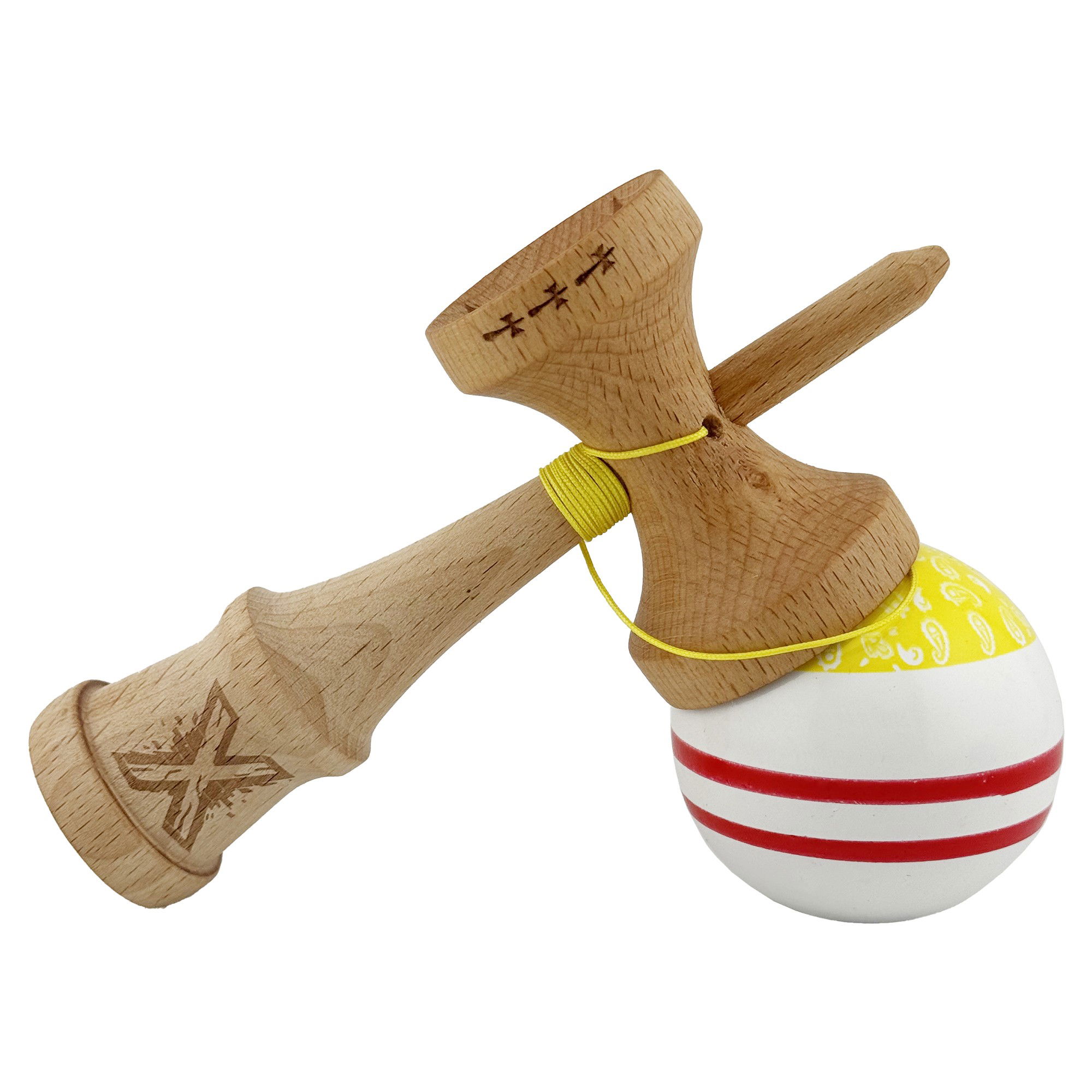 Kendama X CHICANOS Originala, Profesionala, Flippy, Big Cups V2, Super Sticky cu Cupe Mari, Rulment Metalic, din lemn 18 cm, Ata 55 cm, Auriu/Alb [4]