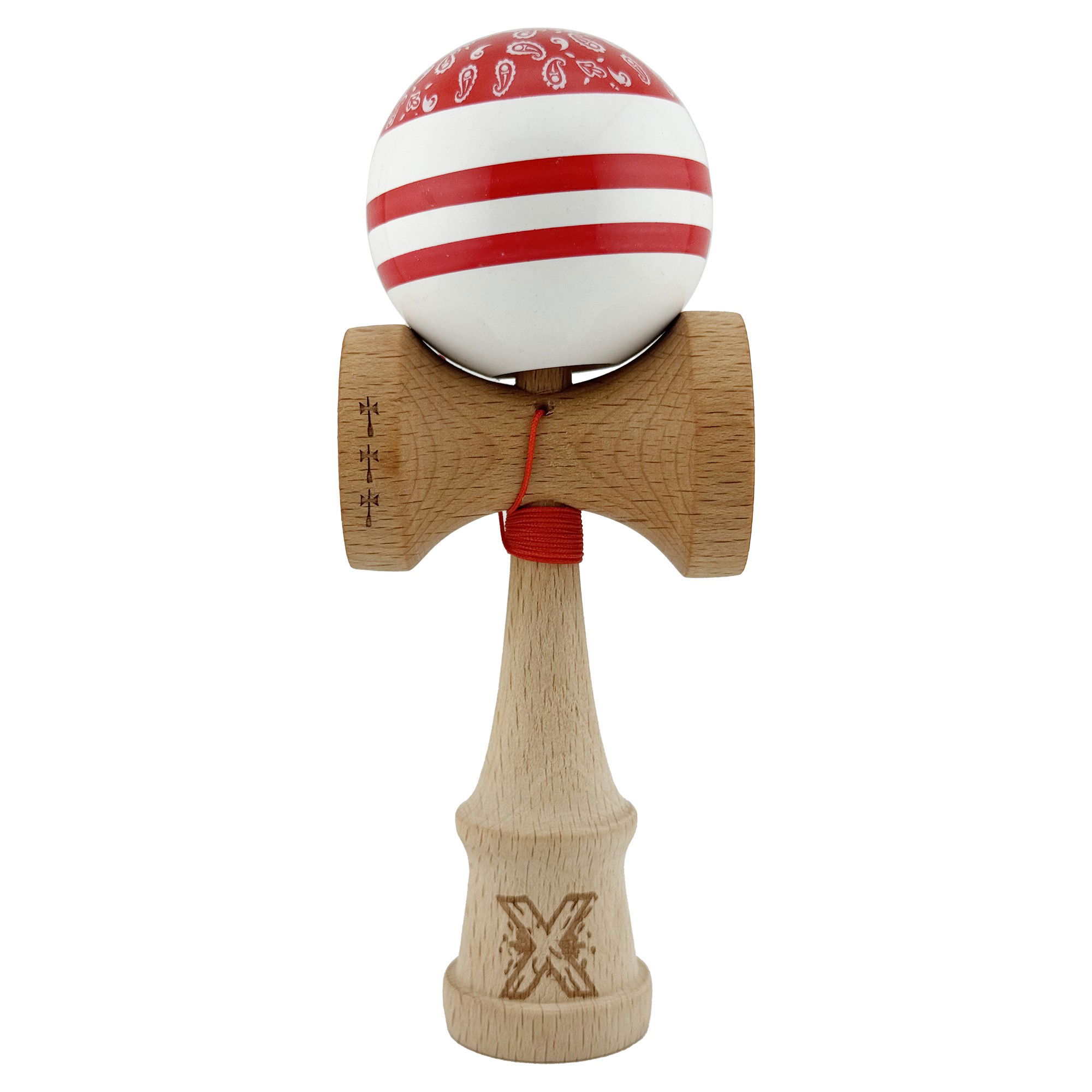 Kendama Chicanos V2 Cupe Mari - Kendama X CHICANOS Originala, Profesionala, Flippy, Big Cups V2, Super Sticky cu Cupe Mari, Rulment Metalic, din lemn 18 cm, Ata 55 cm, Rosu/Alb