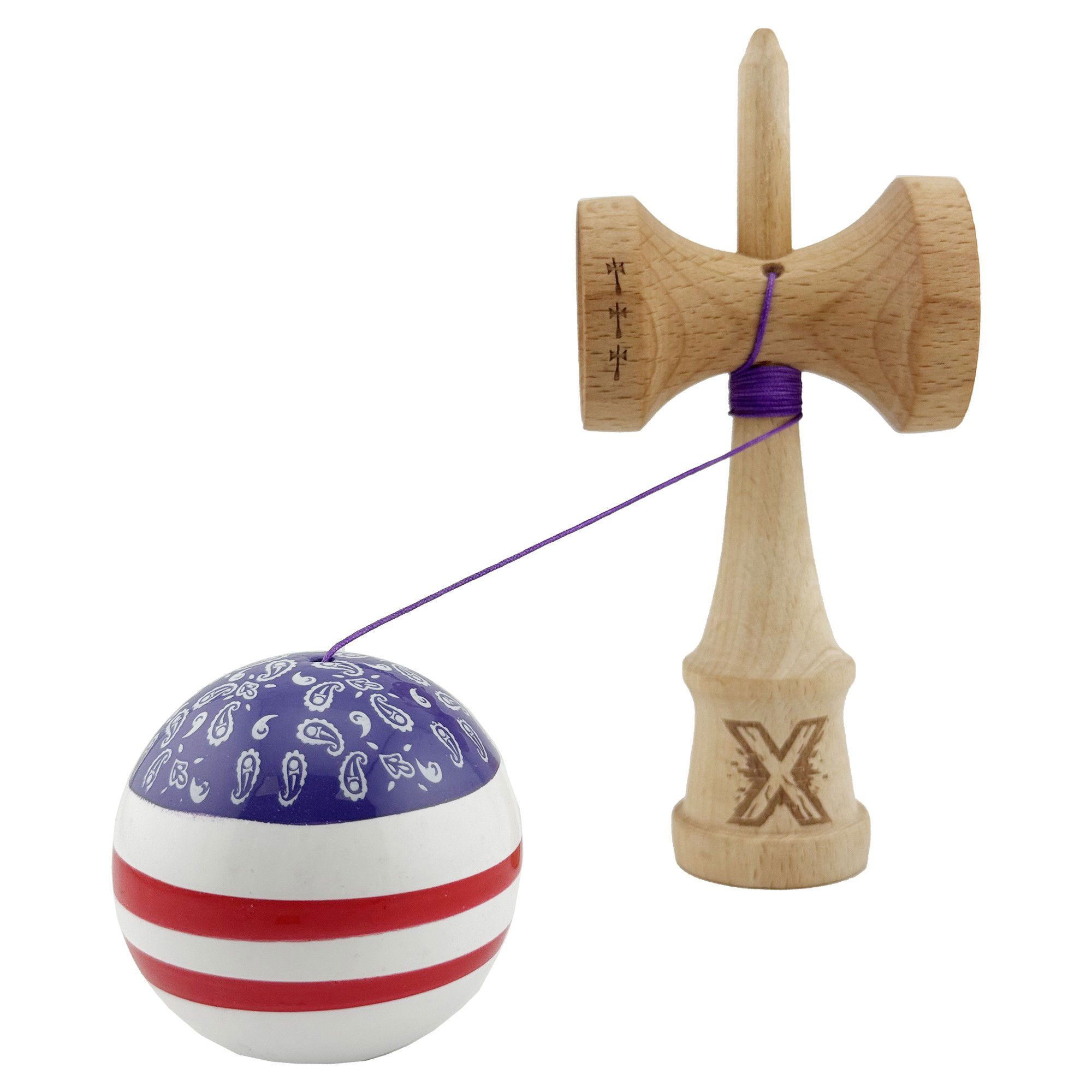 Kendama X CHICANOS Originala, Profesionala, Flippy, Big Cups V2, Super Sticky cu Cupe Mari, Rulment Metalic, din lemn 18 cm, Ata 55 cm, Violet/Alb [3]
