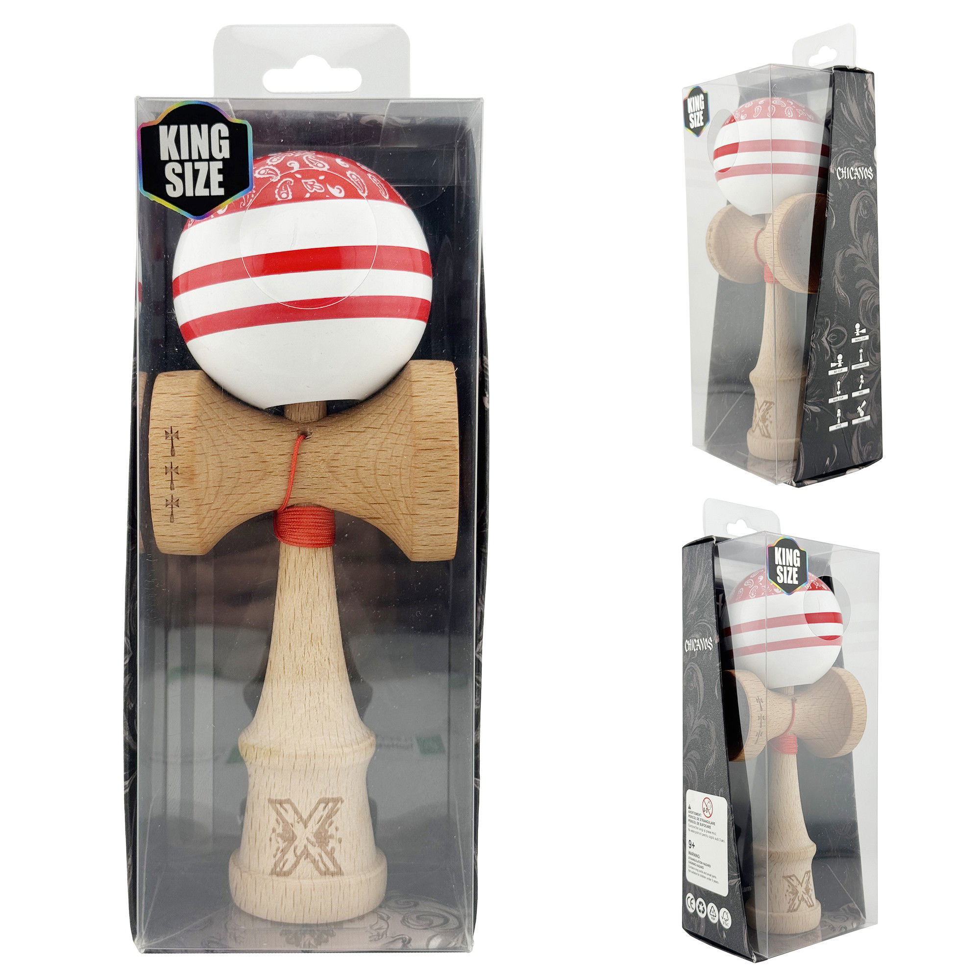 Kendama X CHICANOS Originala, Profesionala, Flippy, Big Cups V2, Super Sticky cu Cupe Mari, Rulment Metalic, din lemn 18 cm, Ata 55 cm, Rosu/Alb [5]