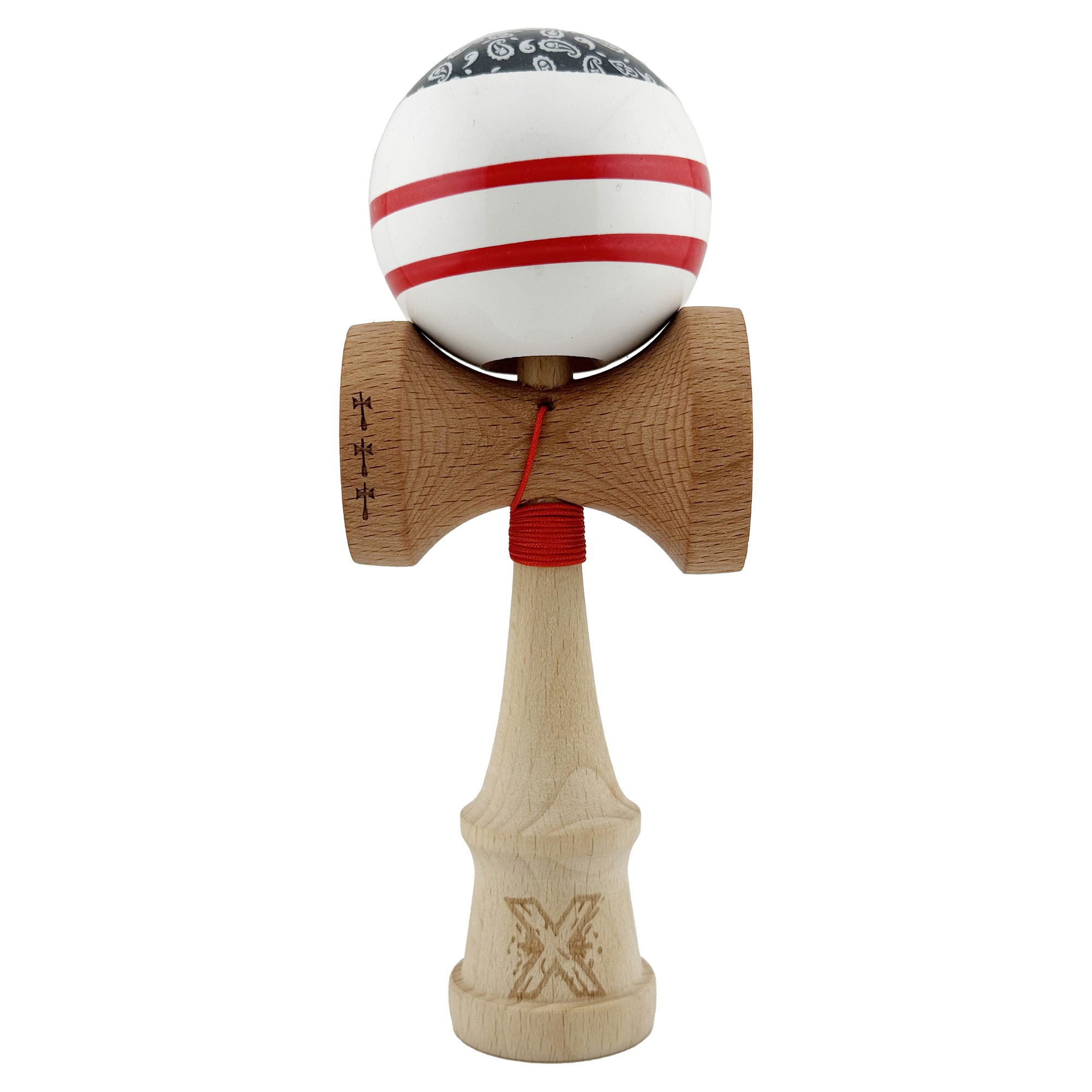 Kendama Chicanos V2 Cupe Mari - Kendama X CHICANOS Originala, Profesionala, Flippy, Big Cups V2, Super Sticky cu Cupe Mari, Rulment Metalic, din lemn 18 cm, Ata 55 cm, Negru/Alb