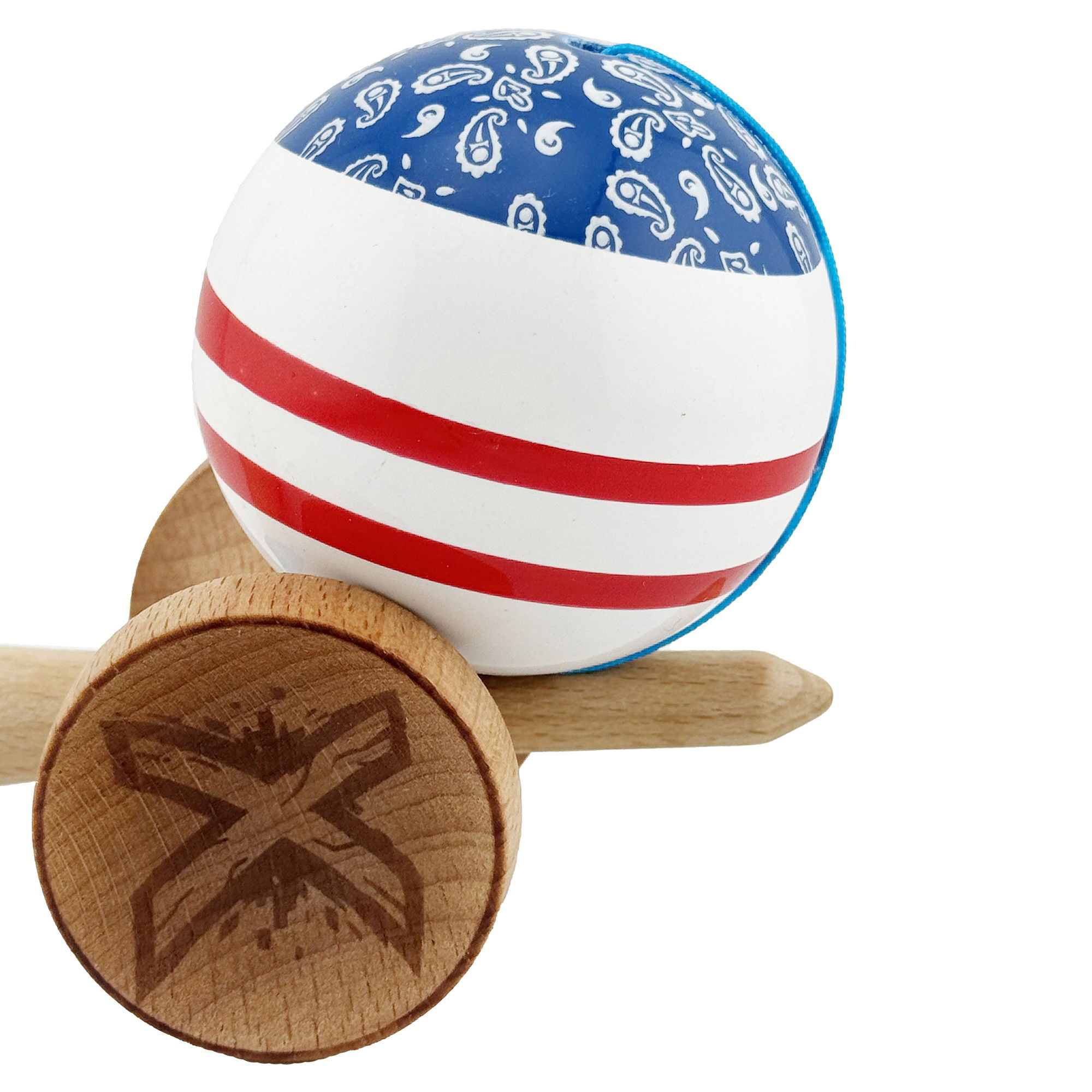 Kendama X CHICANOS Originala, Profesionala, Flippy, Big Cups V2, Super Sticky cu Cupe Mari, Rulment Metalic, din lemn 18 cm, Ata 55 cm, Albastru/Alb [8]