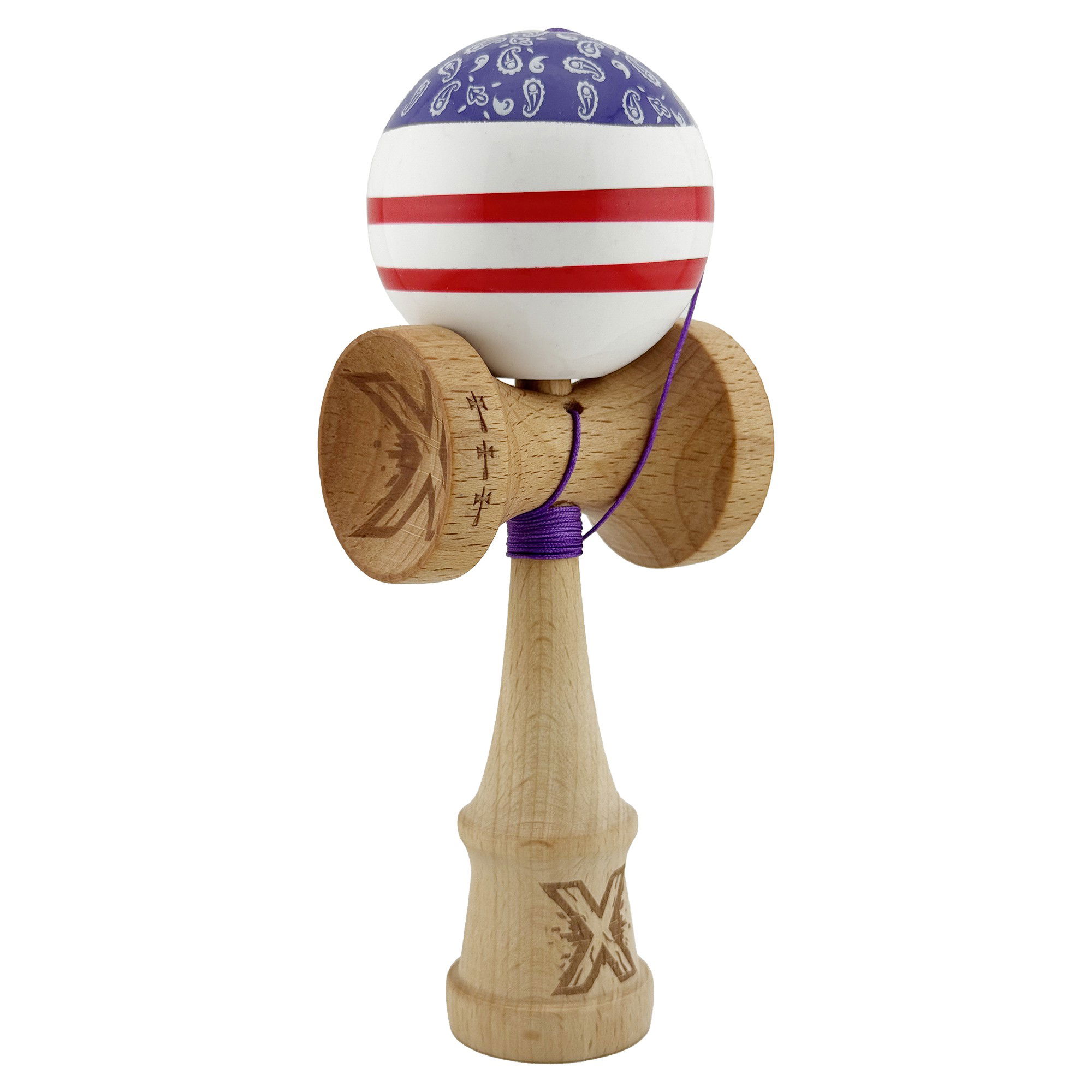 Kendama Chicanos V2 Cupe Mari - Kendama X CHICANOS Originala, Profesionala, Flippy, Big Cups V2, Super Sticky cu Cupe Mari, Rulment Metalic, din lemn 18 cm, Ata 55 cm, Violet/Alb