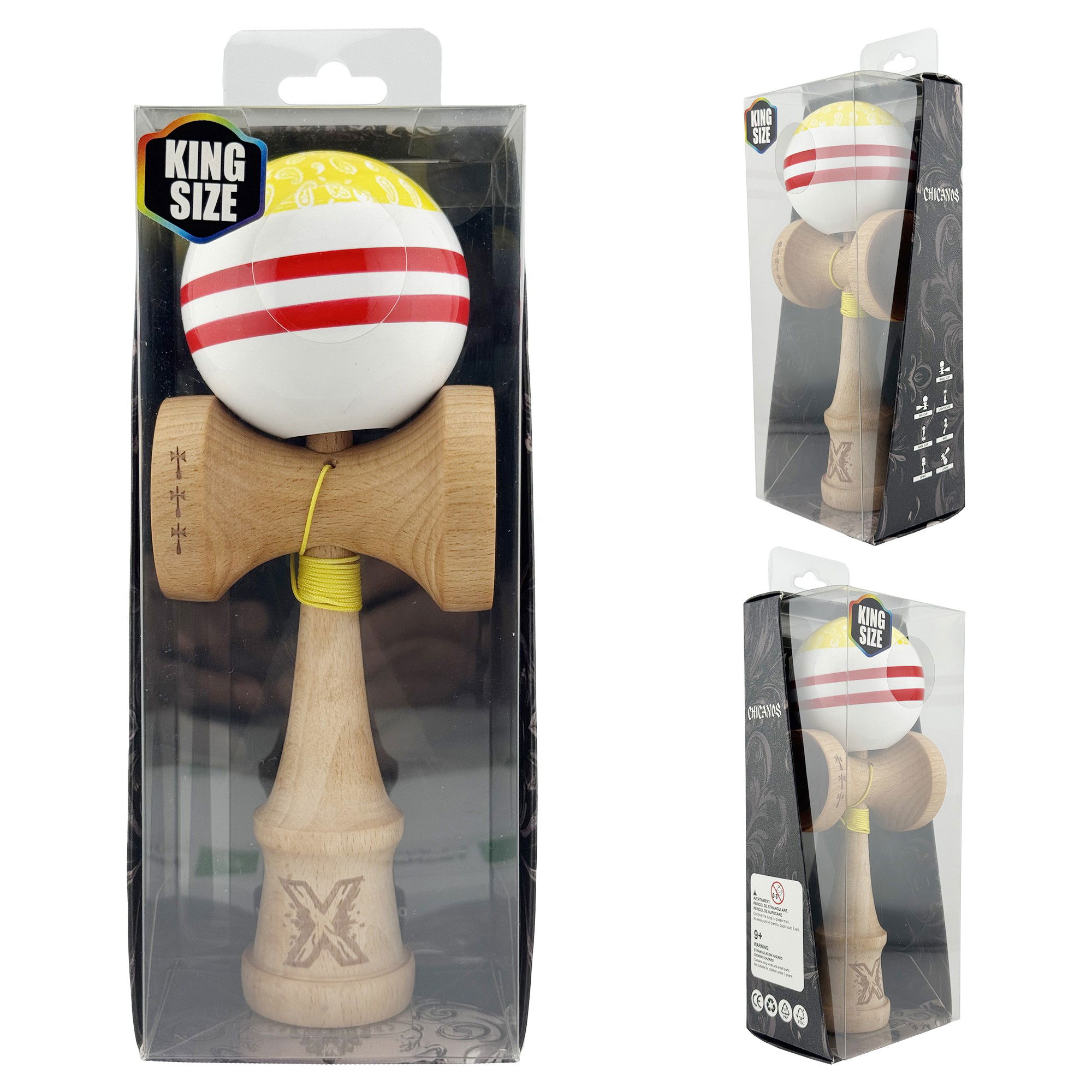 Kendama X CHICANOS Originala, Profesionala, Flippy, Big Cups V2, Super Sticky cu Cupe Mari, Rulment Metalic, din lemn 18 cm, Ata 55 cm, Auriu/Alb [9]