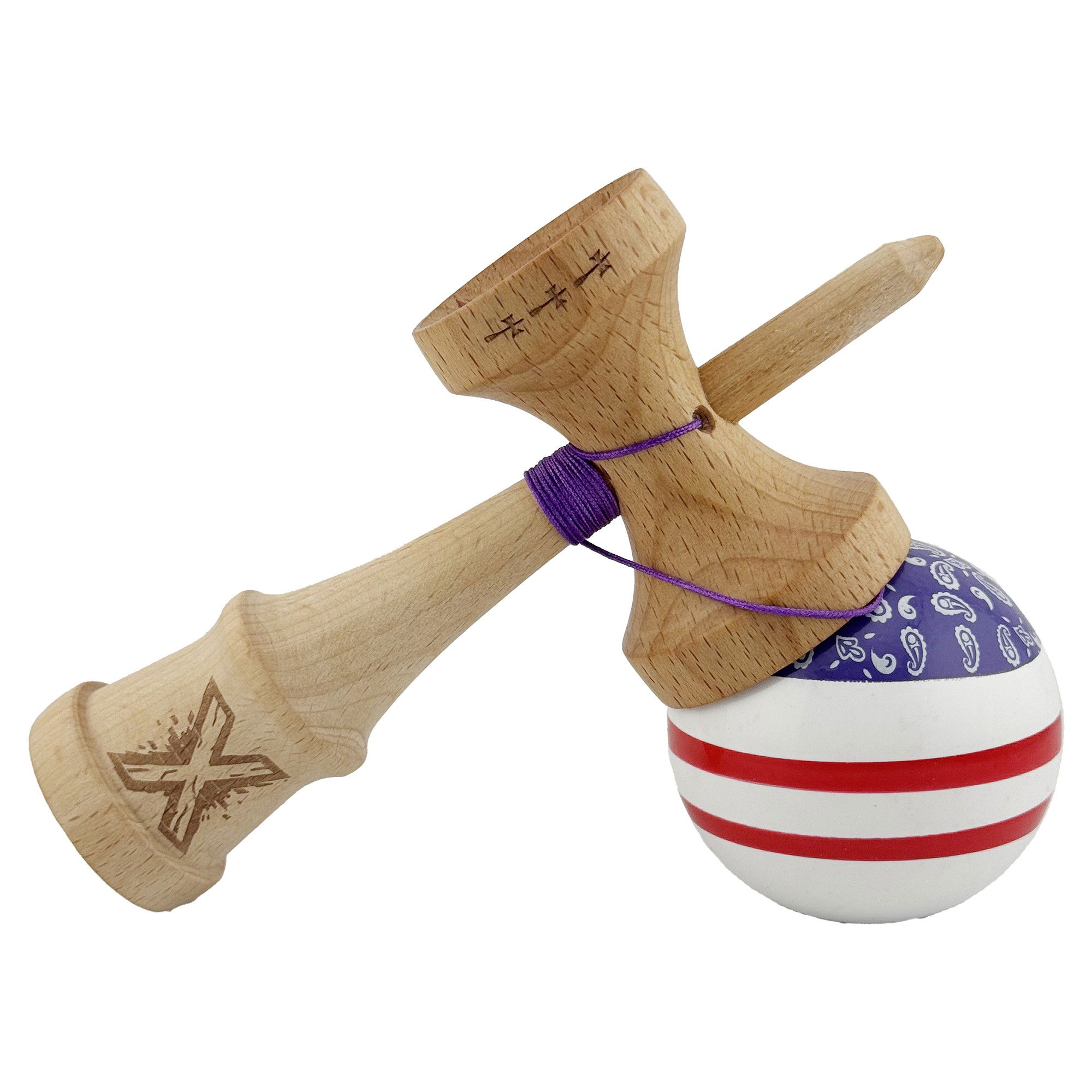 Kendama X CHICANOS Originala, Profesionala, Flippy, Big Cups V2, Super Sticky cu Cupe Mari, Rulment Metalic, din lemn 18 cm, Ata 55 cm, Violet/Alb [4]