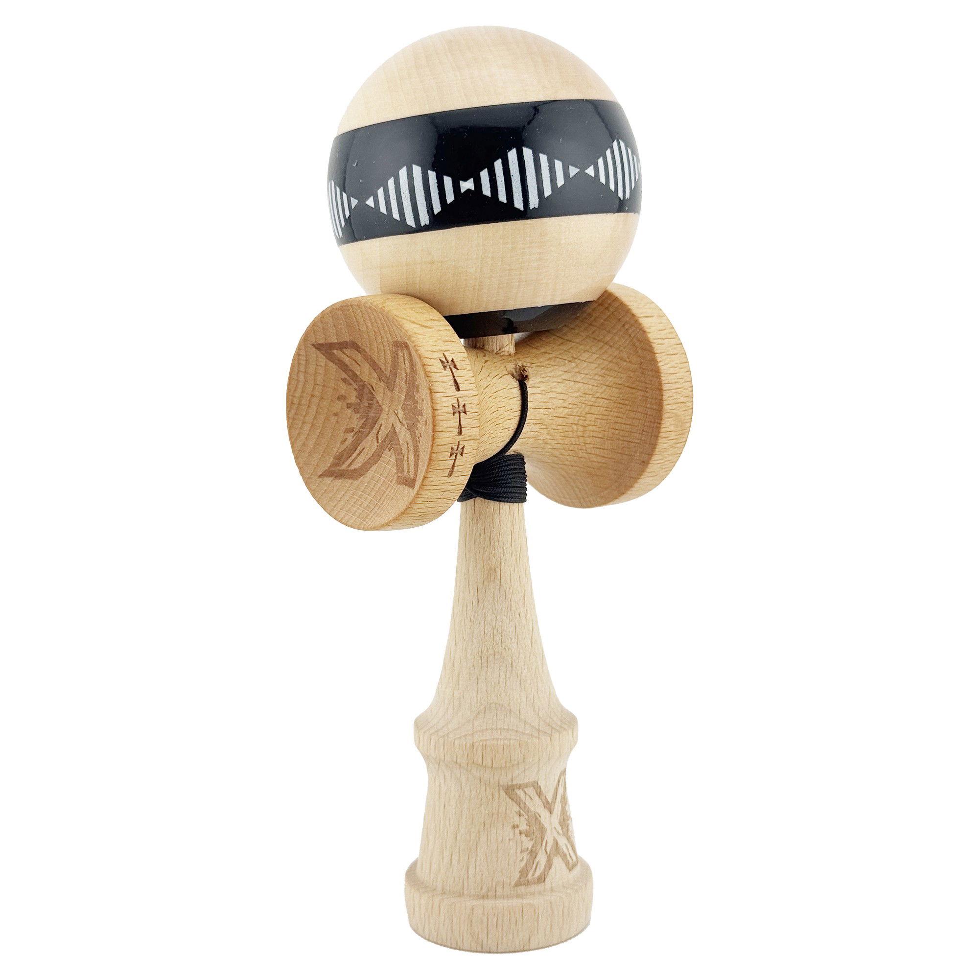 Kendama X FREQUENCY Originala, Profesionala, Flippy, Big Cups V2, Super Sticky cu Cupe Mari, Rulment Metalic, din lemn 18 cm, Ata 55 cm, Negru/Maro [9]