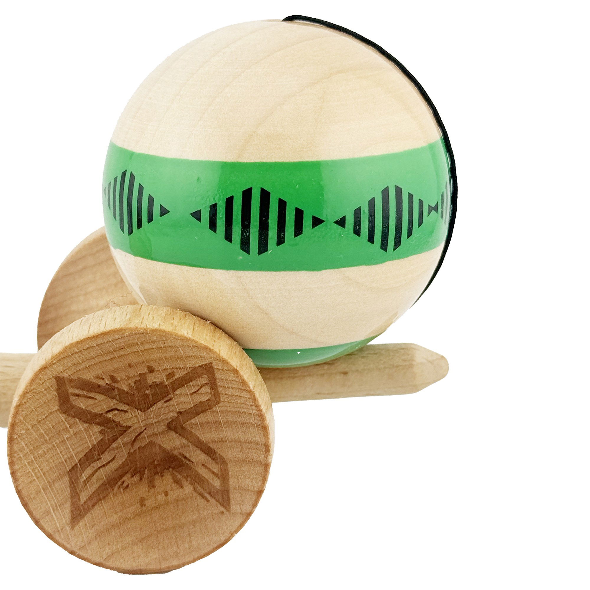 Kendama X FREQUENCY Originala, Profesionala, Flippy, Big Cups V2, Super Sticky cu Cupe Mari, Rulment Metalic, din lemn 18 cm, Ata 55 cm, Verde/Maro [7]