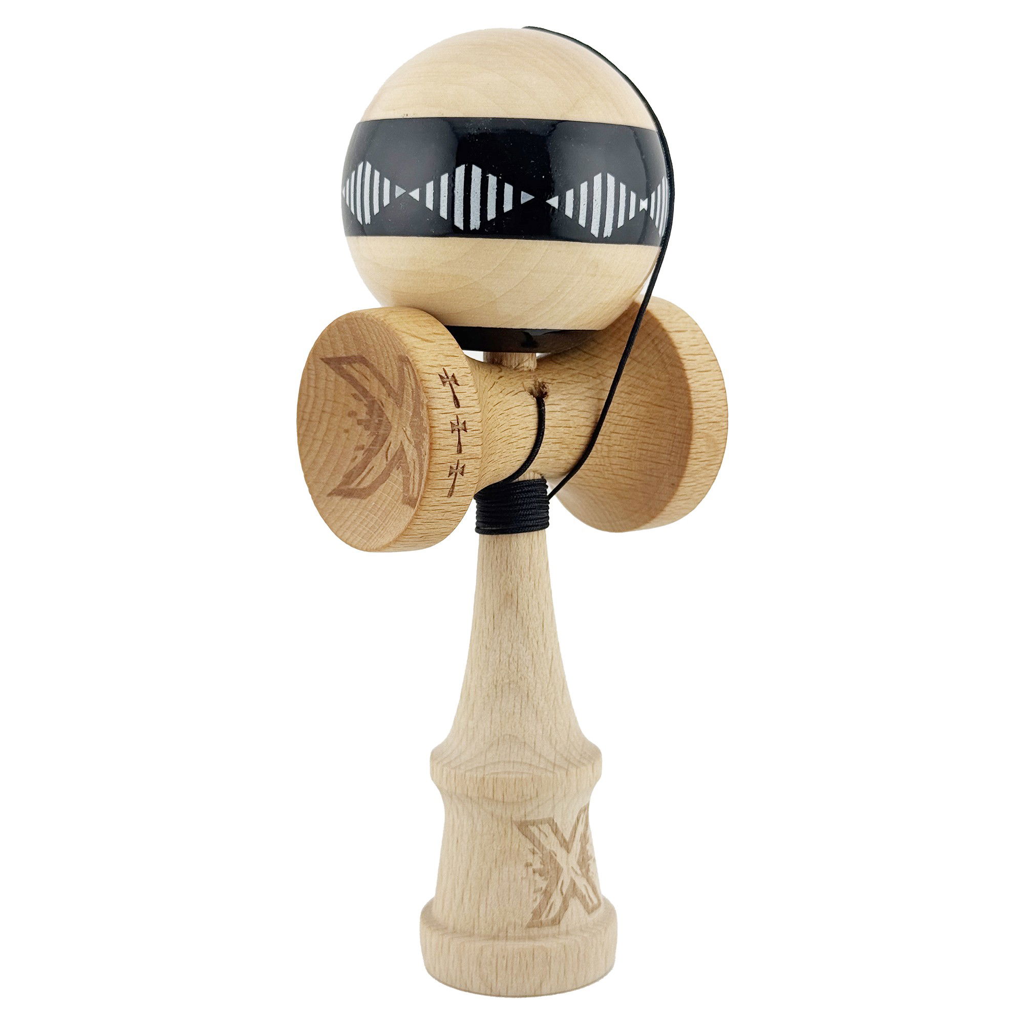 Kendama Frequency V2 Cupe Mari - Kendama X FREQUENCY Originala, Profesionala, Flippy, Big Cups V2, Super Sticky cu Cupe Mari, Rulment Metalic, din lemn 18 cm, Ata 55 cm, Negru/Maro