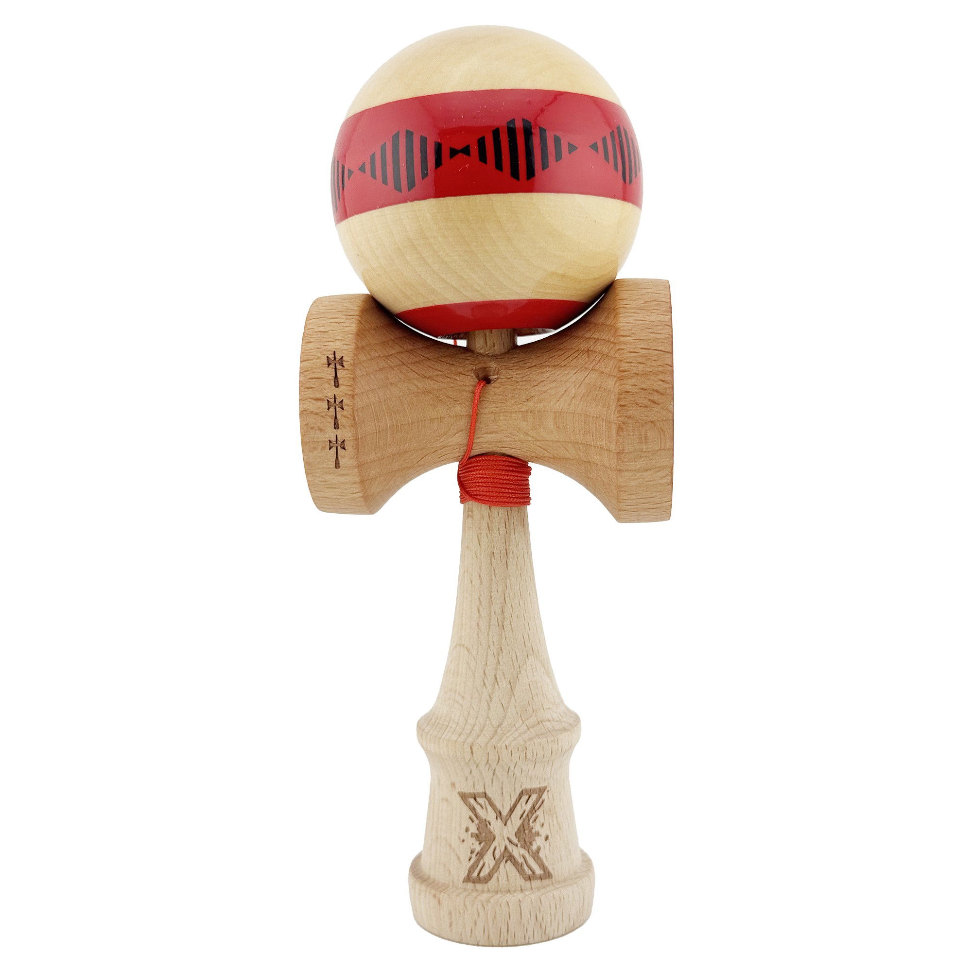 Kendama Frequency V2 Cupe Mari - Kendama X FREQUENCY Originala, Profesionala, Flippy, Big Cups V2, Super Sticky cu Cupe Mari, Rulment Metalic, din lemn 18 cm, Ata 55 cm, Rosu/Maro