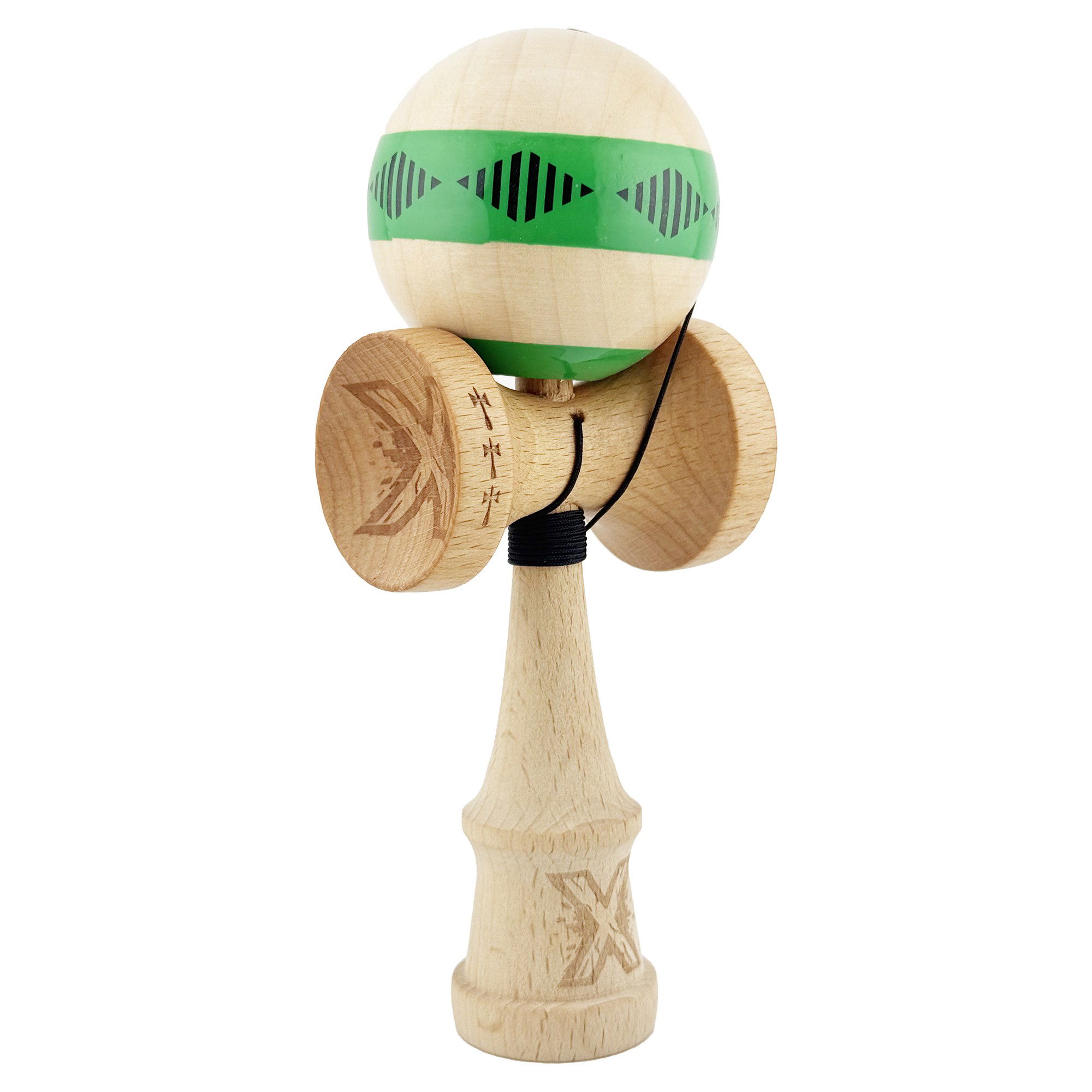 Kendama Frequency V2 Cupe Mari - Kendama X FREQUENCY Originala, Profesionala, Flippy, Big Cups V2, Super Sticky cu Cupe Mari, Rulment Metalic, din lemn 18 cm, Ata 55 cm, Verde/Maro