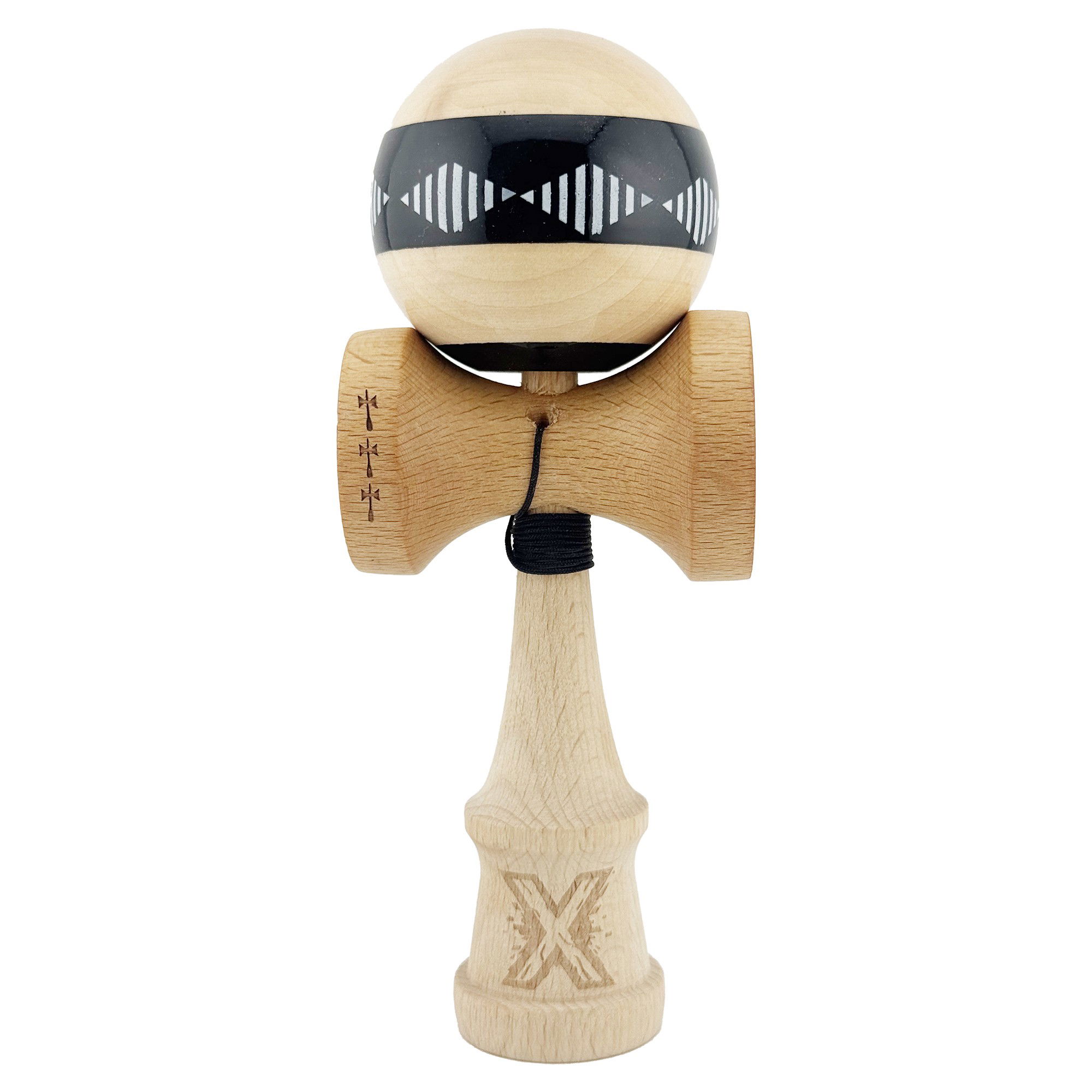 Kendama Frequency V2 Cupe Mari - Kendama X FREQUENCY Originala, Profesionala, Flippy, Big Cups V2, Super Sticky cu Cupe Mari, Rulment Metalic, din lemn 18 cm, Ata 55 cm, Negru/Maro