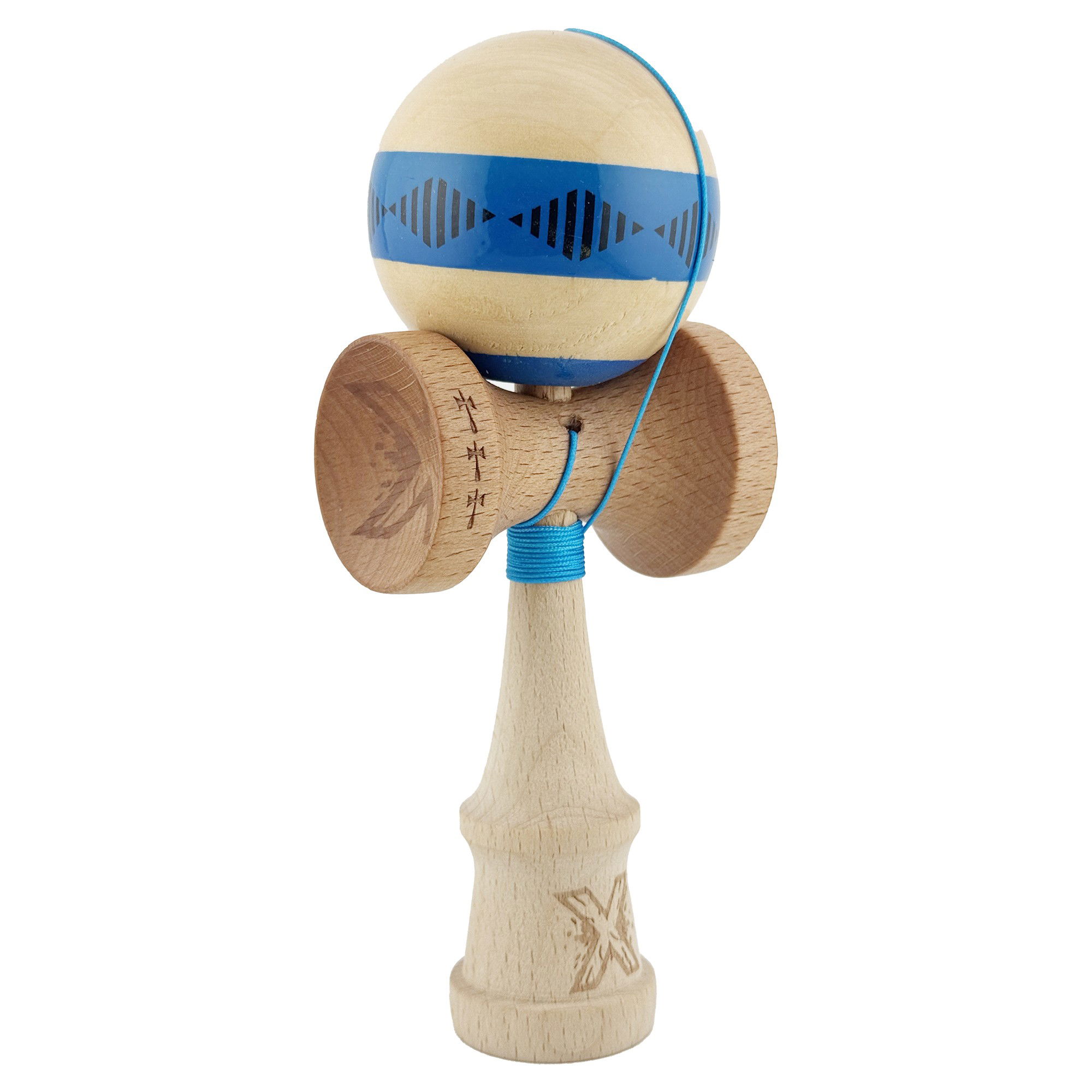 Kendama Frequency V2 Cupe Mari - Kendama X FREQUENCY Originala, Profesionala, Flippy, Big Cups V2, Super Sticky cu Cupe Mari, Rulment Metalic, din lemn 18 cm, Ata 55 cm, Albastru/Maro