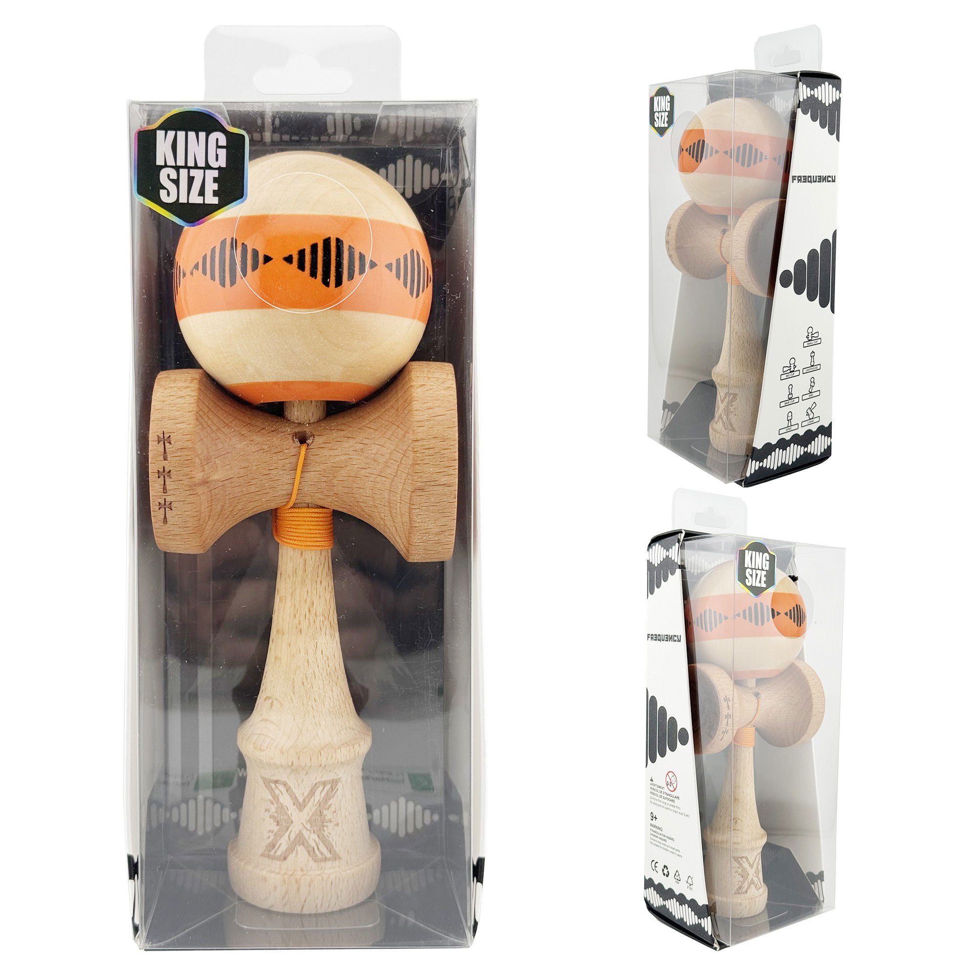 Kendama X FREQUENCY Originala, Profesionala, Flippy, Big Cups V2, Super Sticky cu Cupe Mari, Rulment Metalic, din lemn 18 cm, Ata 55 cm, Portocaliu/Maro [10]