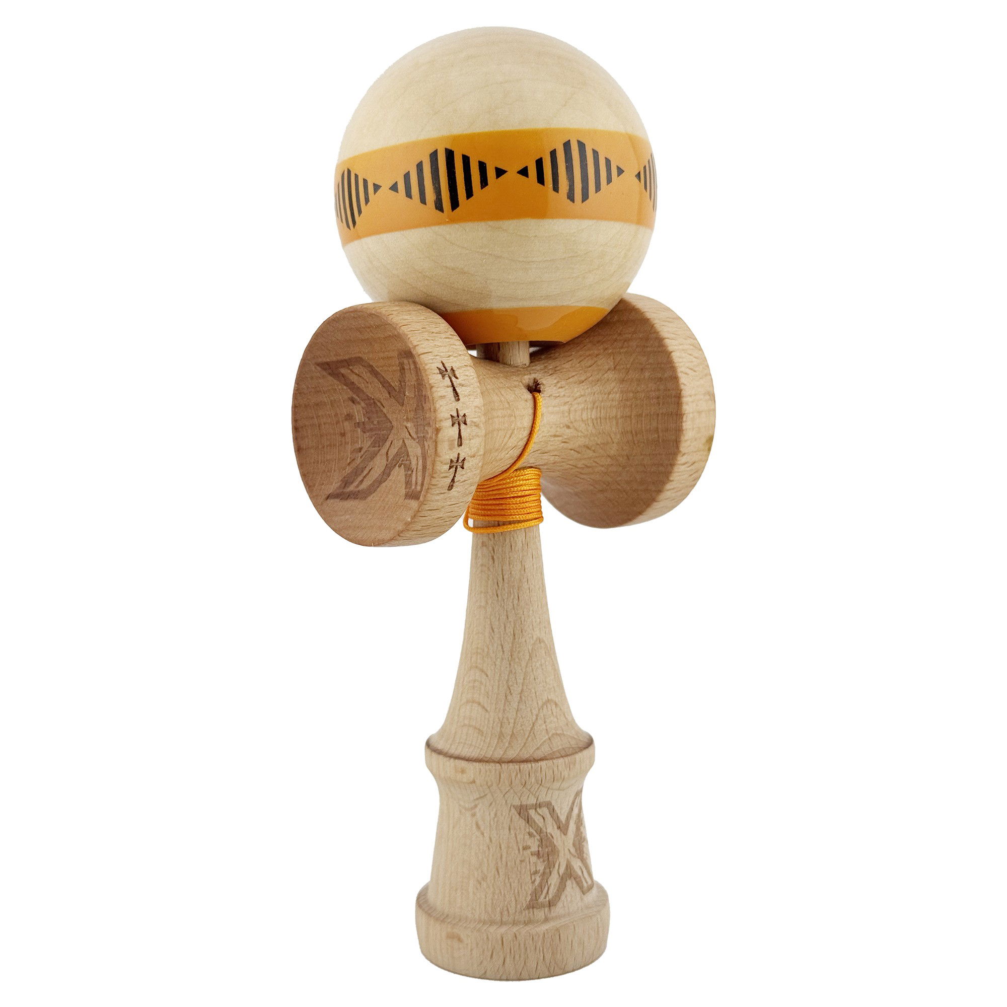 Kendama X FREQUENCY Originala, Profesionala, Flippy, Big Cups V2, Super Sticky cu Cupe Mari, Rulment Metalic, din lemn 18 cm, Ata 55 cm, Portocaliu/Maro [9]