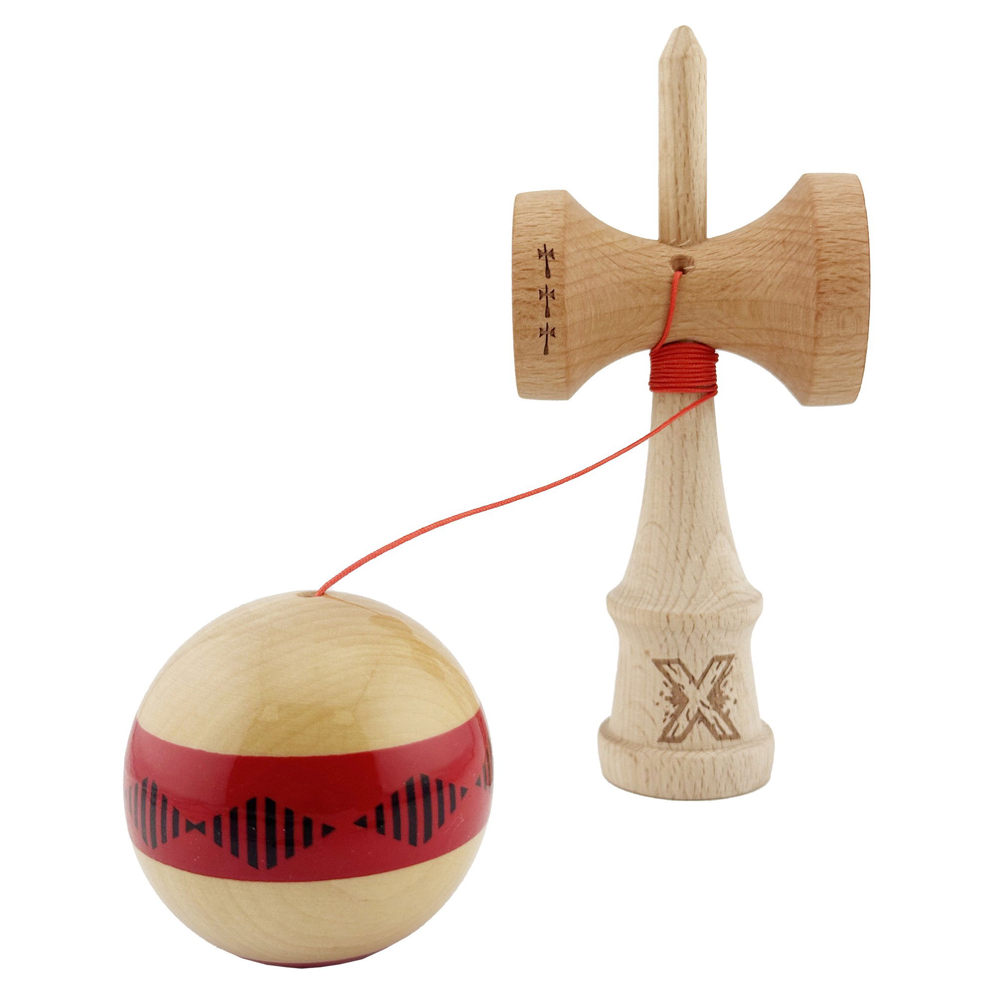Kendama X FREQUENCY Originala, Profesionala, Flippy, Big Cups V2, Super Sticky cu Cupe Mari, Rulment Metalic, din lemn 18 cm, Ata 55 cm, Rosu/Maro [3]