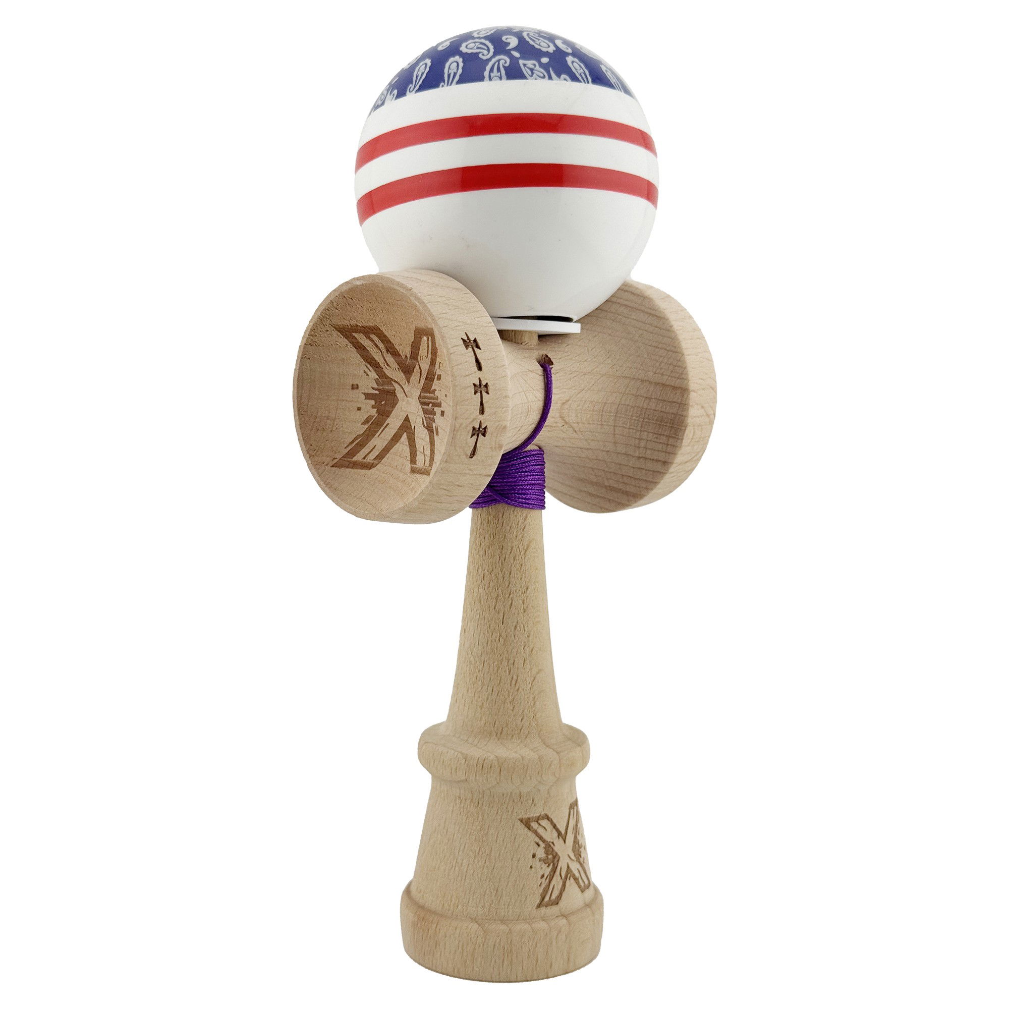 Kendama Chicanos V3 King Size - Kendama X Originala CHICANOS, Profesionala, Flippy, Cupe Mari KING SIZE V3, Super Sticky, Gaura in Baza, Rulment Metalic, din lemn 18 cm, Ata 62/65 cm, Mov/Alb