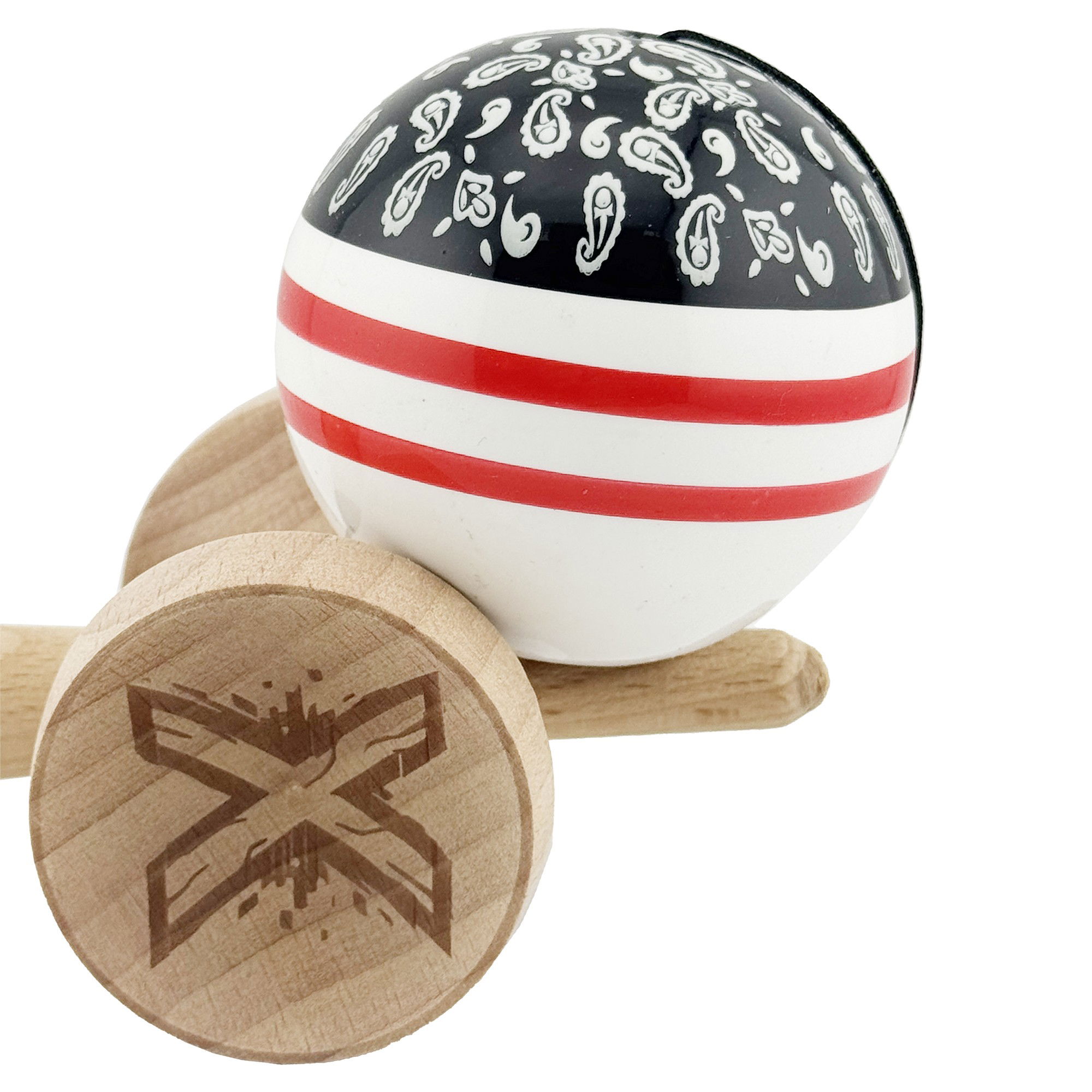 Kendama X Originala CHICANOS, Profesionala, Flippy, Cupe Mari KING SIZE V3, Super Sticky, Gaura in Baza, Rulment Metalic, din lemn 18 cm, Ata 62/65 cm, Negru/Alb [8]
