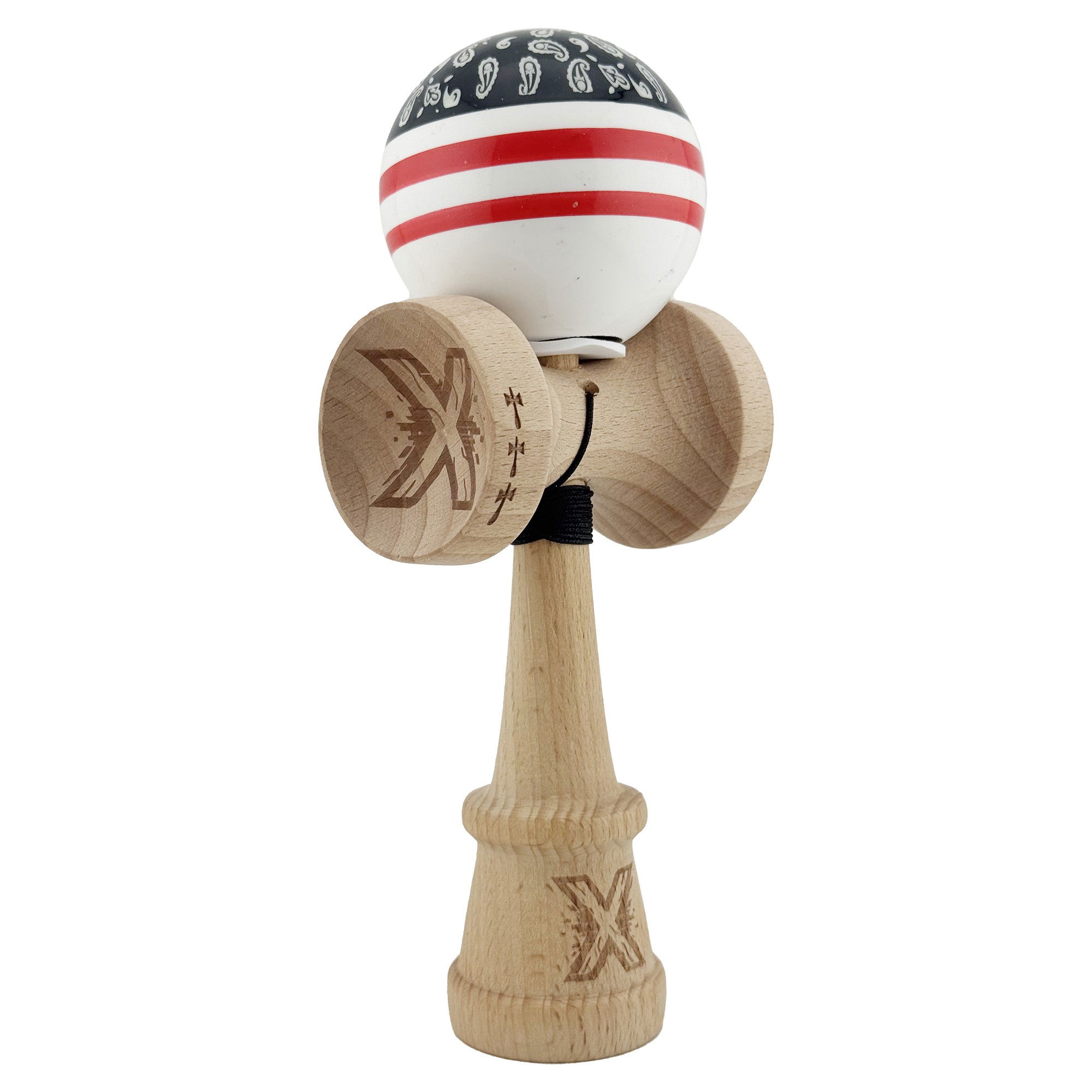 Kendama Chicanos V3 King Size - Kendama X Originala CHICANOS, Profesionala, Flippy, Cupe Mari KING SIZE V3, Super Sticky, Gaura in Baza, Rulment Metalic, din lemn 18 cm, Ata 62/65 cm, Negru/Alb