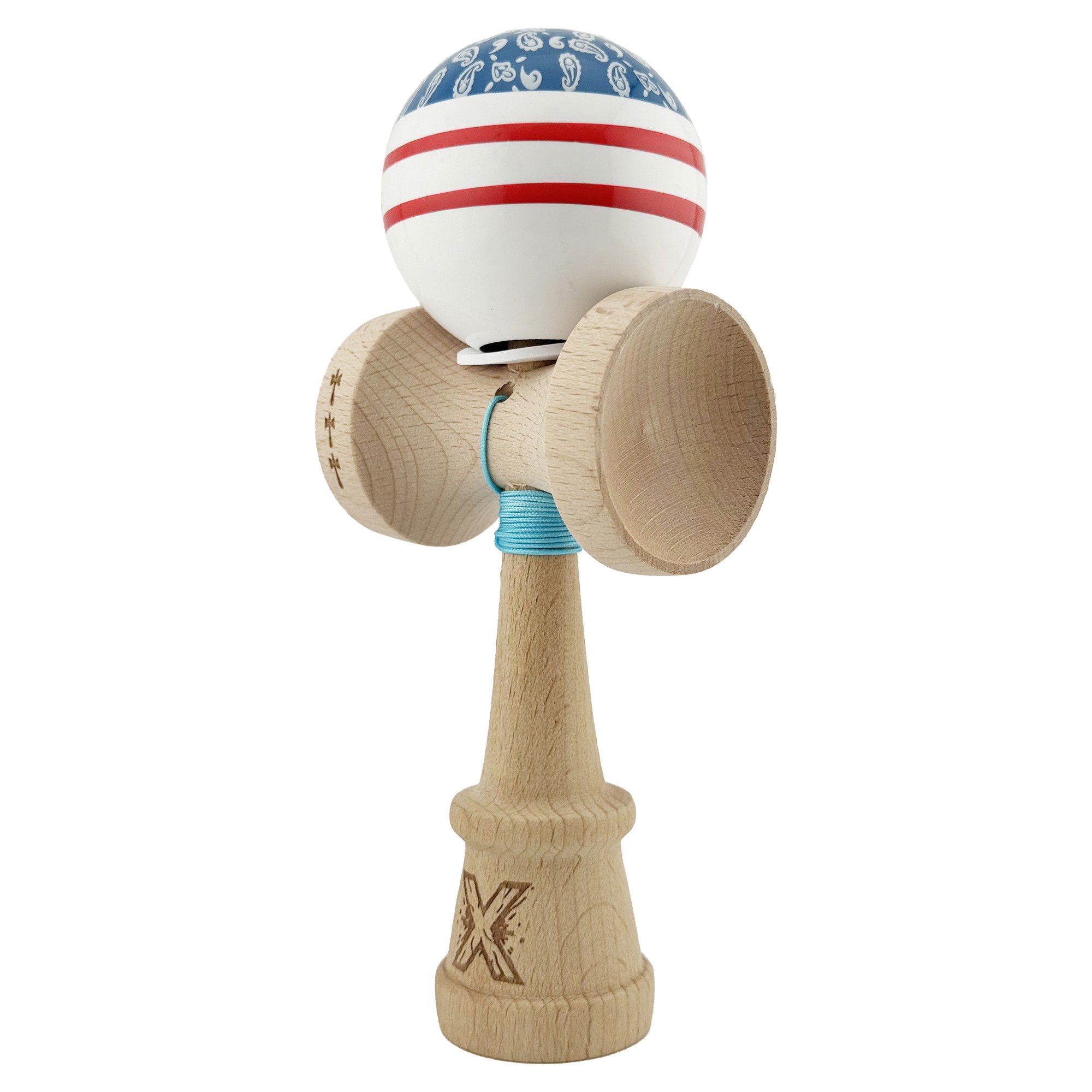 Kendama X Originala CHICANOS, Profesionala, Flippy, Cupe Mari KING SIZE V3, Super Sticky, Gaura in Baza, Rulment Metalic, din lemn 18 cm, Ata 62/65 cm, Albastru/Alb [3]